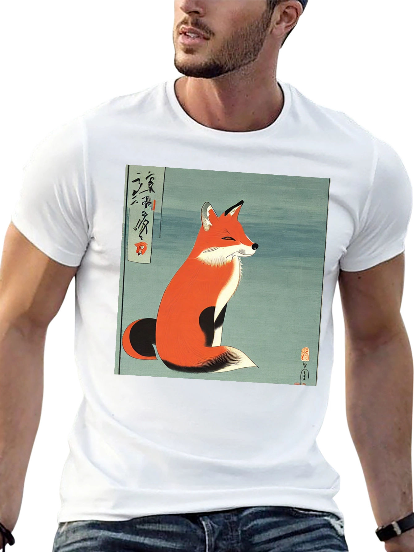 Japanese Fox Art Black T-Shirt