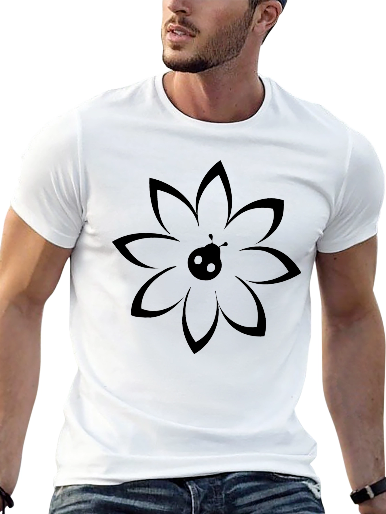 Ladybug Floral Graphic Print Black T-Shirt