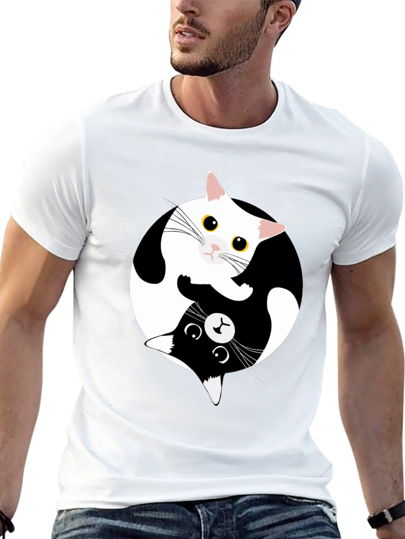 Yin Yang Cat Graphic Tee - Black