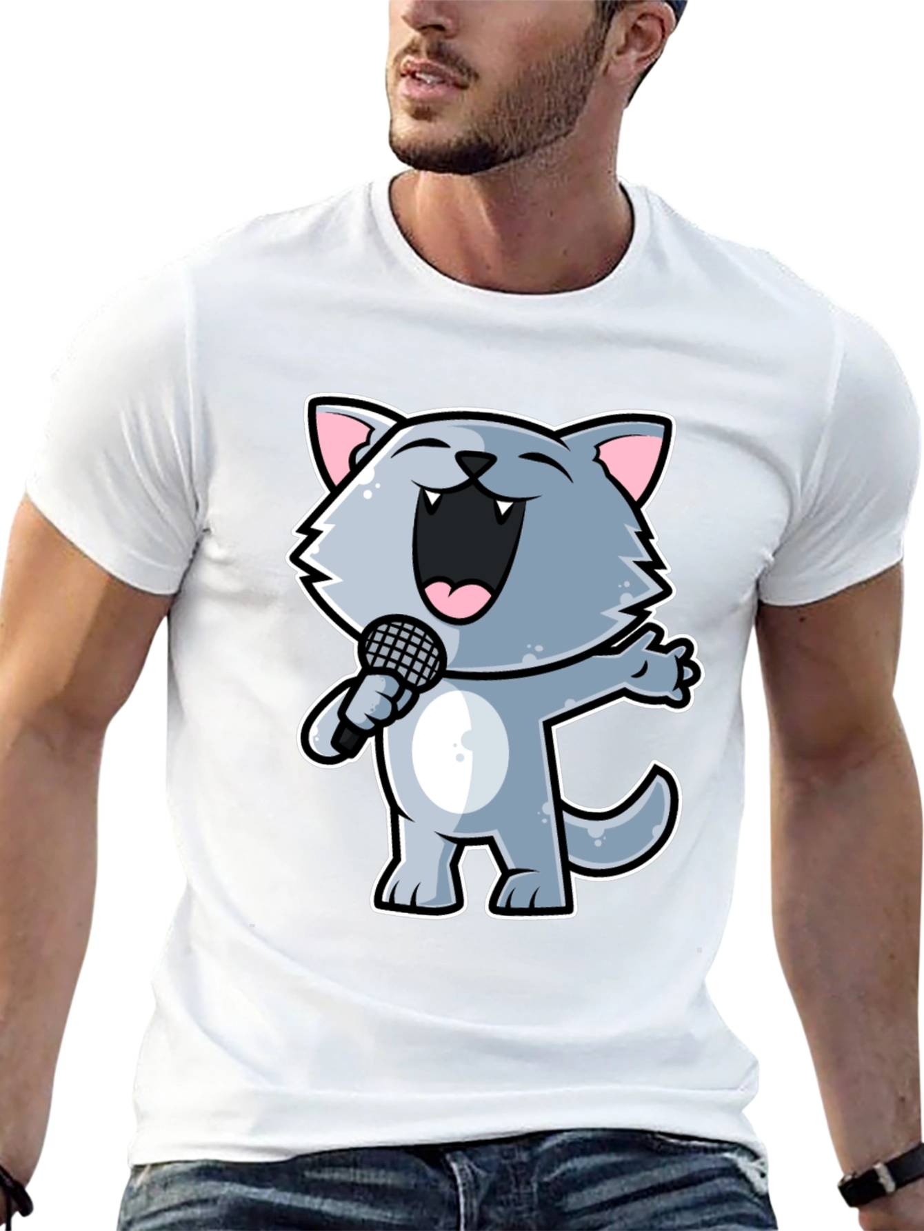 Singing Cartoon Cat T-Shirt - Black Crew Neck