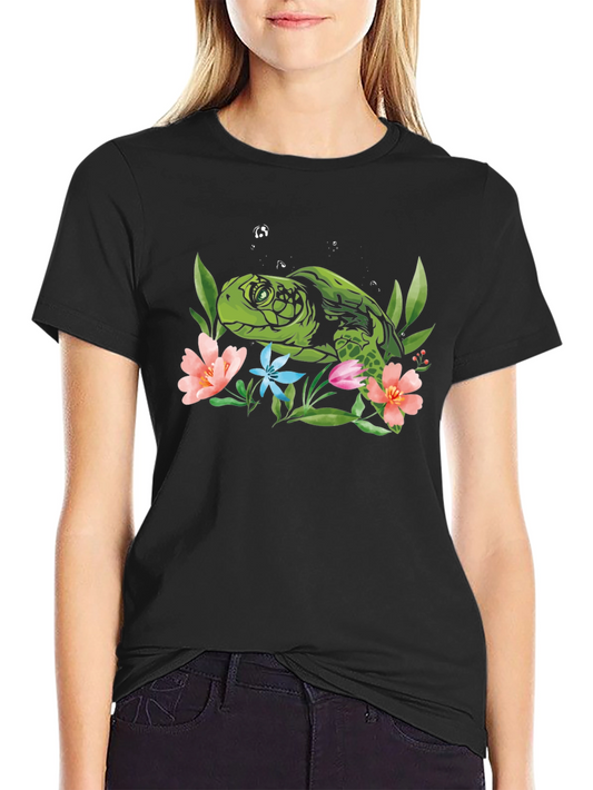 Sea Turtle Floral Graphic Tee - Black
