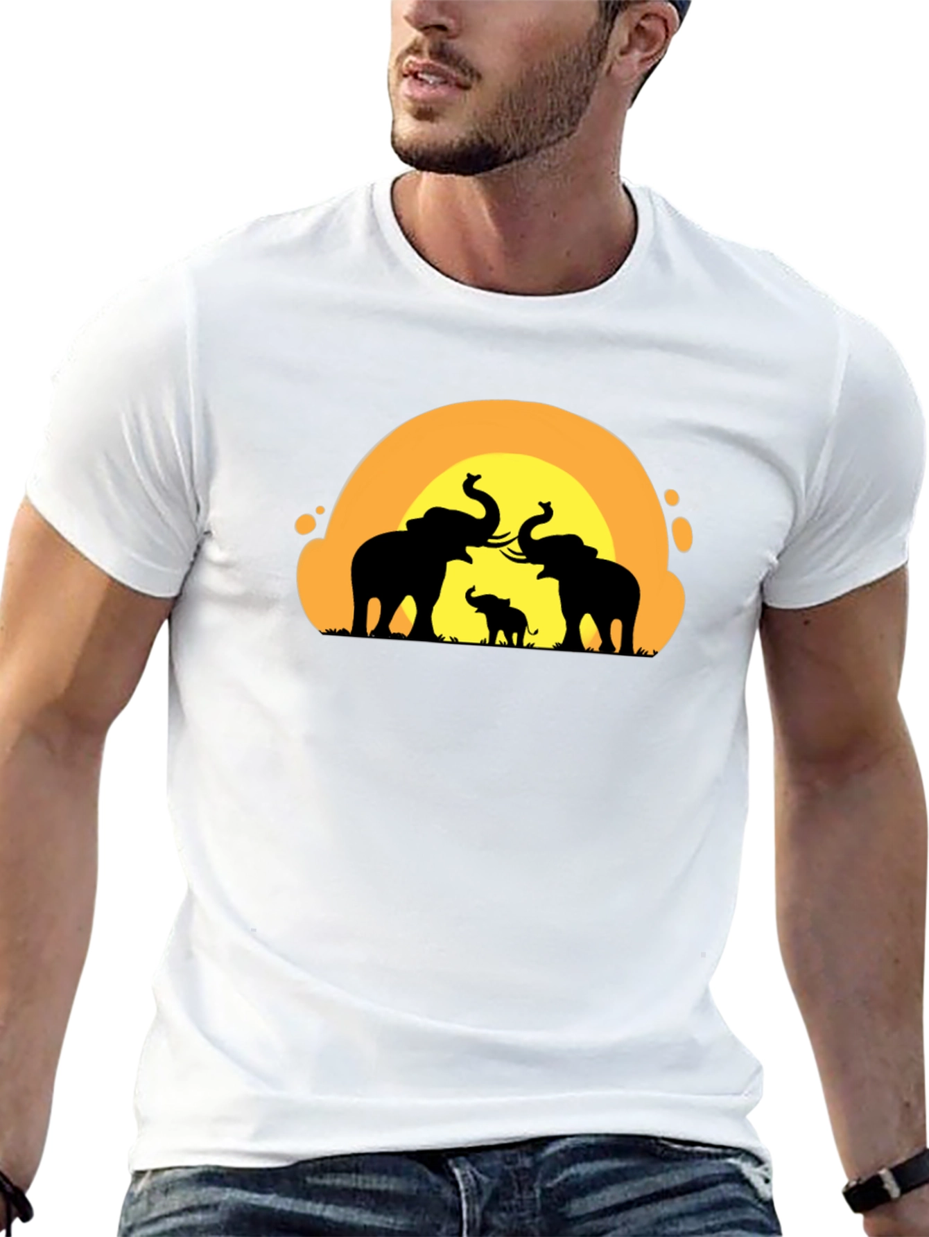 Elephant Sunset Graphic Tee - Black Cotton T-Shirt