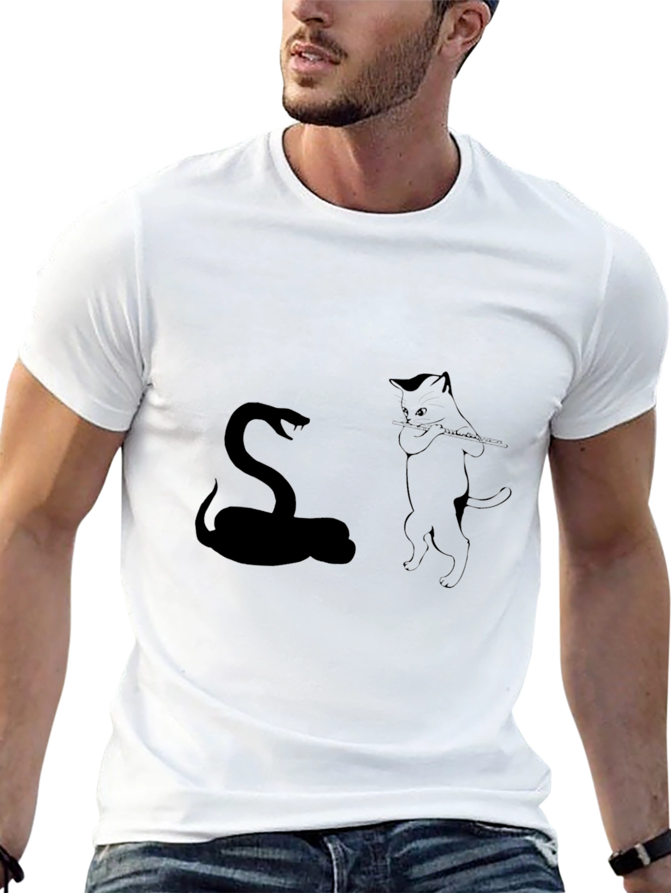 Snake Charmer Cat T-Shirt - Black Cotton Tee