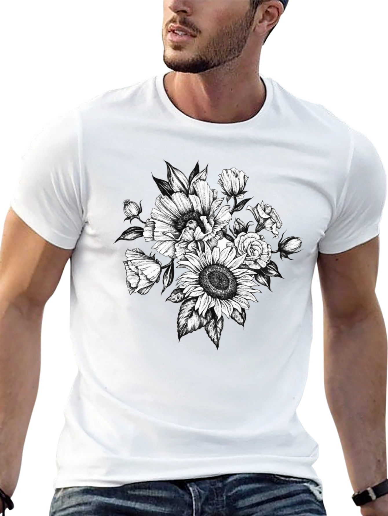 Floral Sketch Graphic T-Shirt - Black