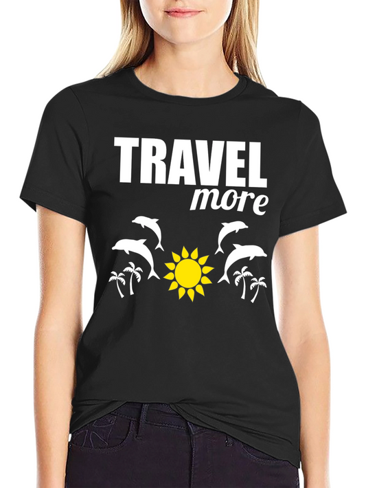 Travel More Black T-Shirt: Dolphins Sun & Palm Trees