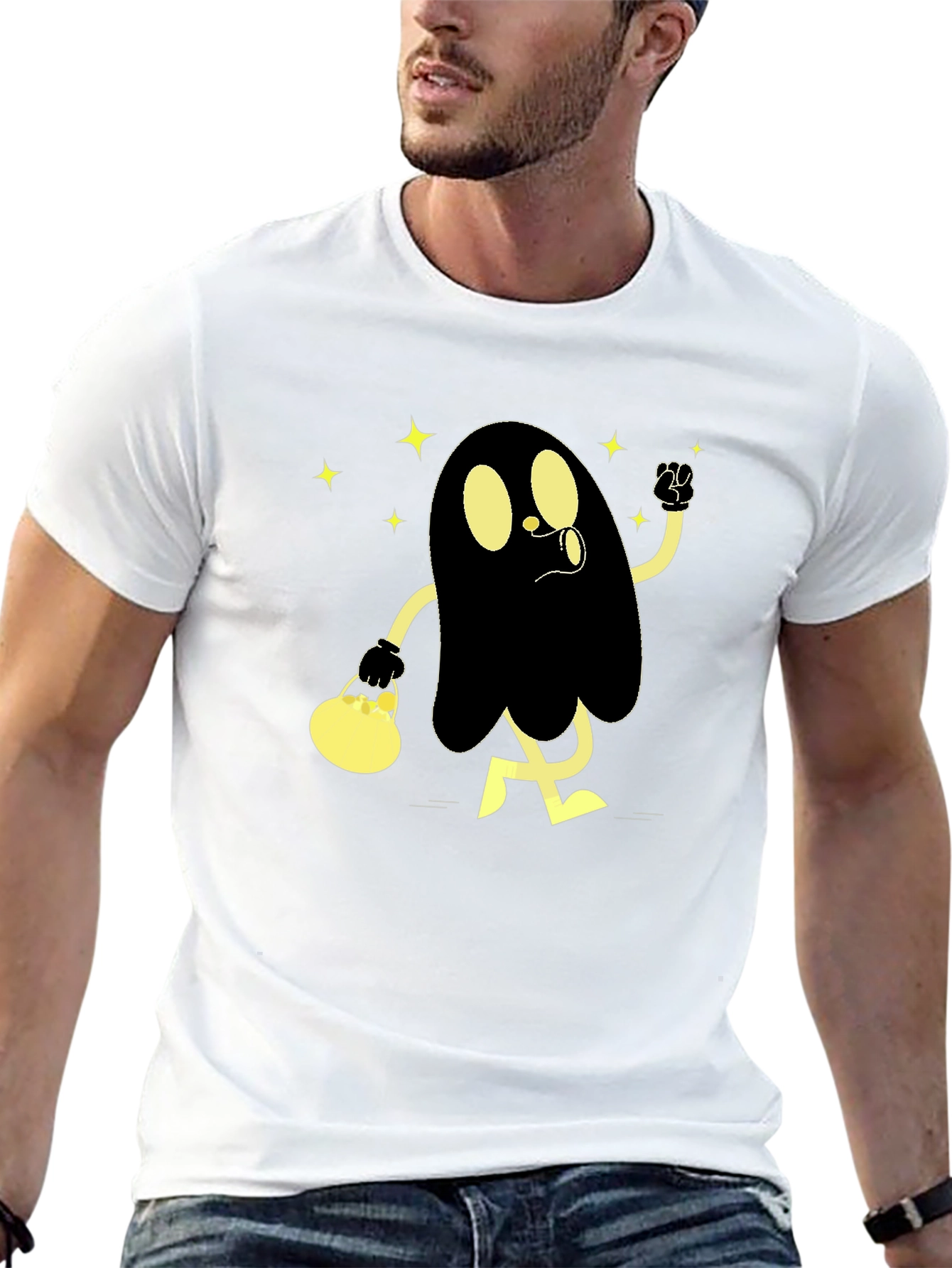 Spooky Cartoon Ghost Black T-Shirt