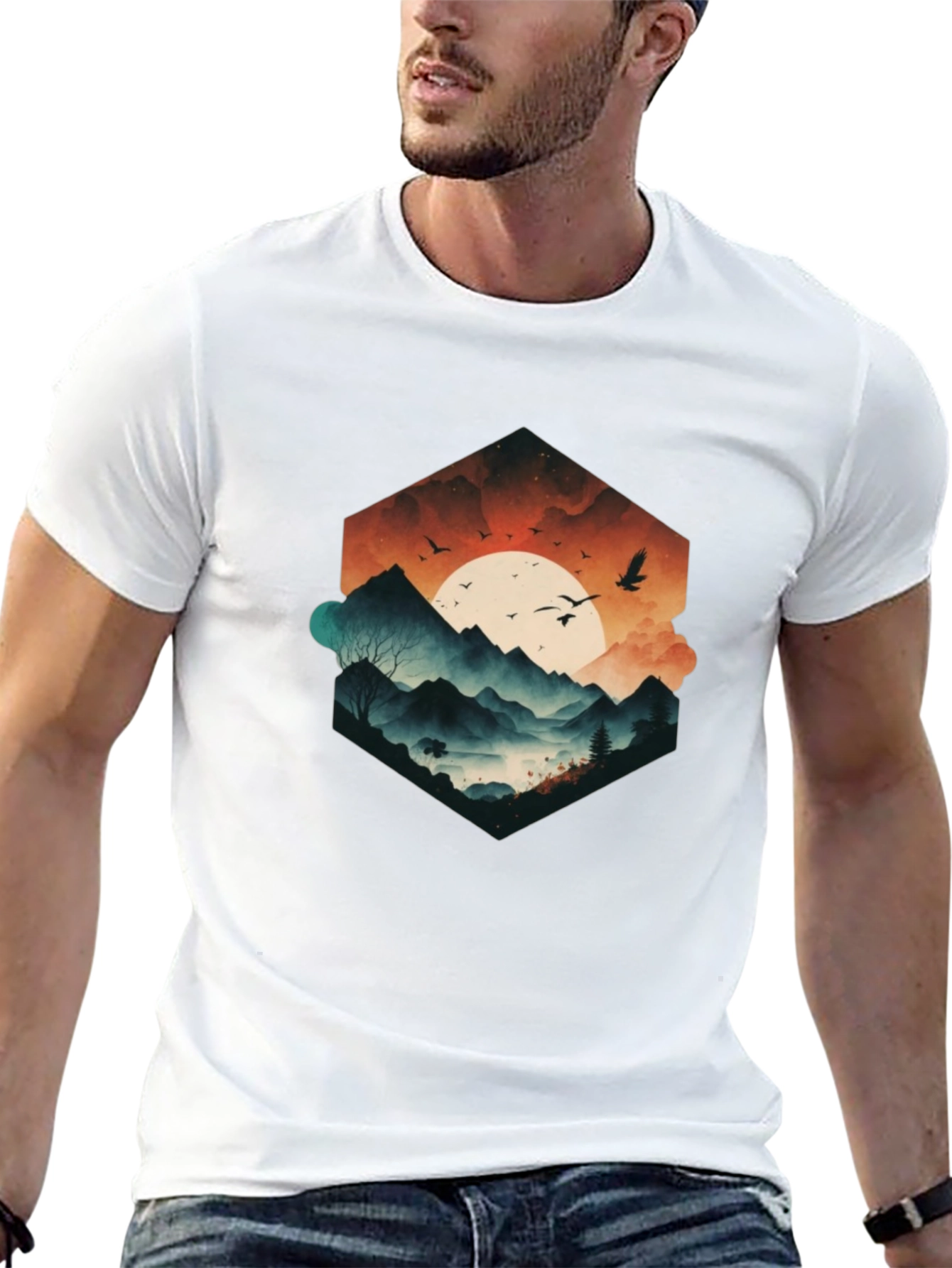 Mens Black Graphic Tee - Mountain Sunset Design
