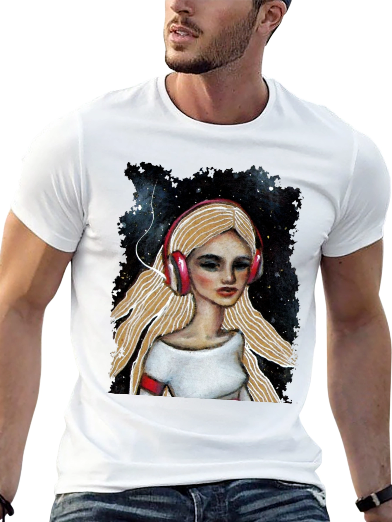 Headphones Girl Black T-Shirt