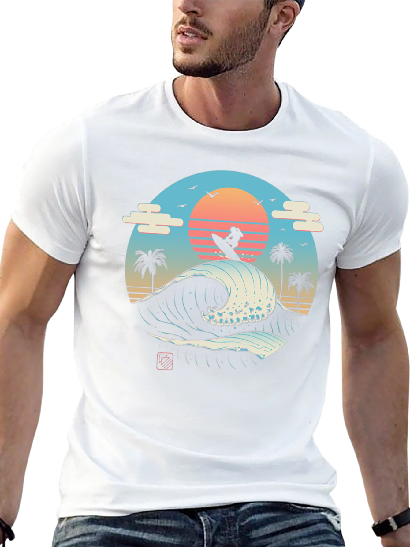 Surfer Wave Graphic Tee - Black Cotton T-Shirt
