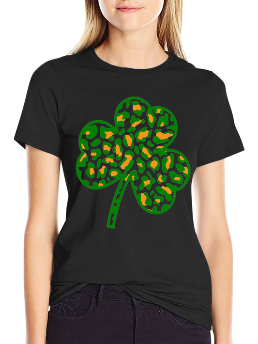 St. Patricks Day Clover Leopard Print Black Tee