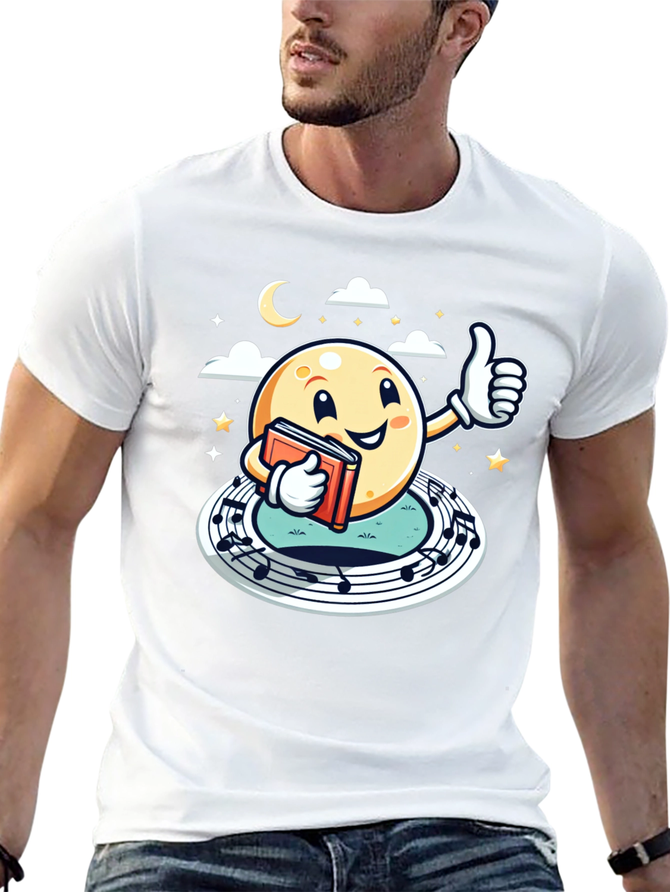 Cartoon Moon Music & Reading Black T-Shirt