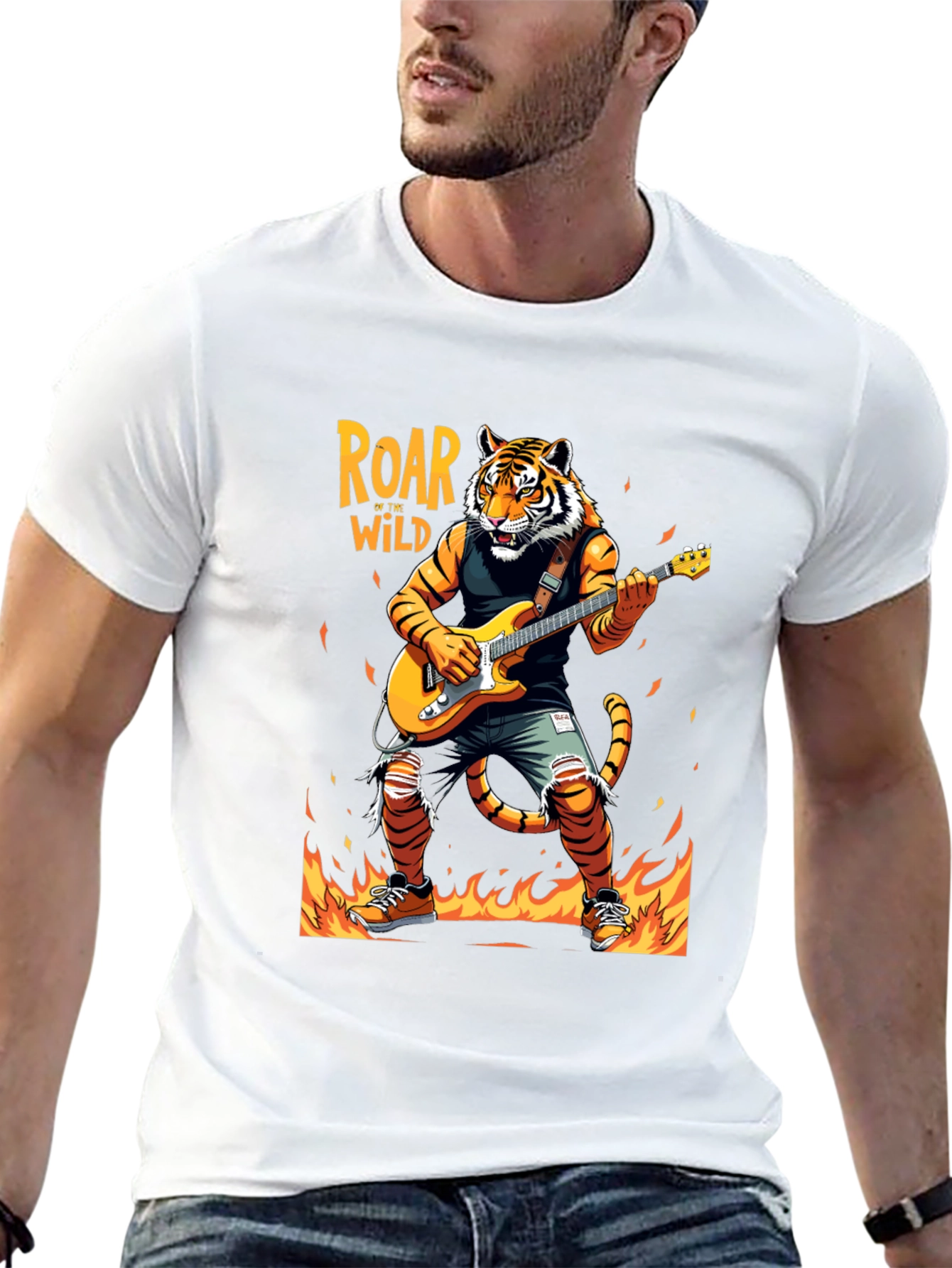 Roar Wild Tiger Graphic Tee - Rocking Guitarist T-Shirt