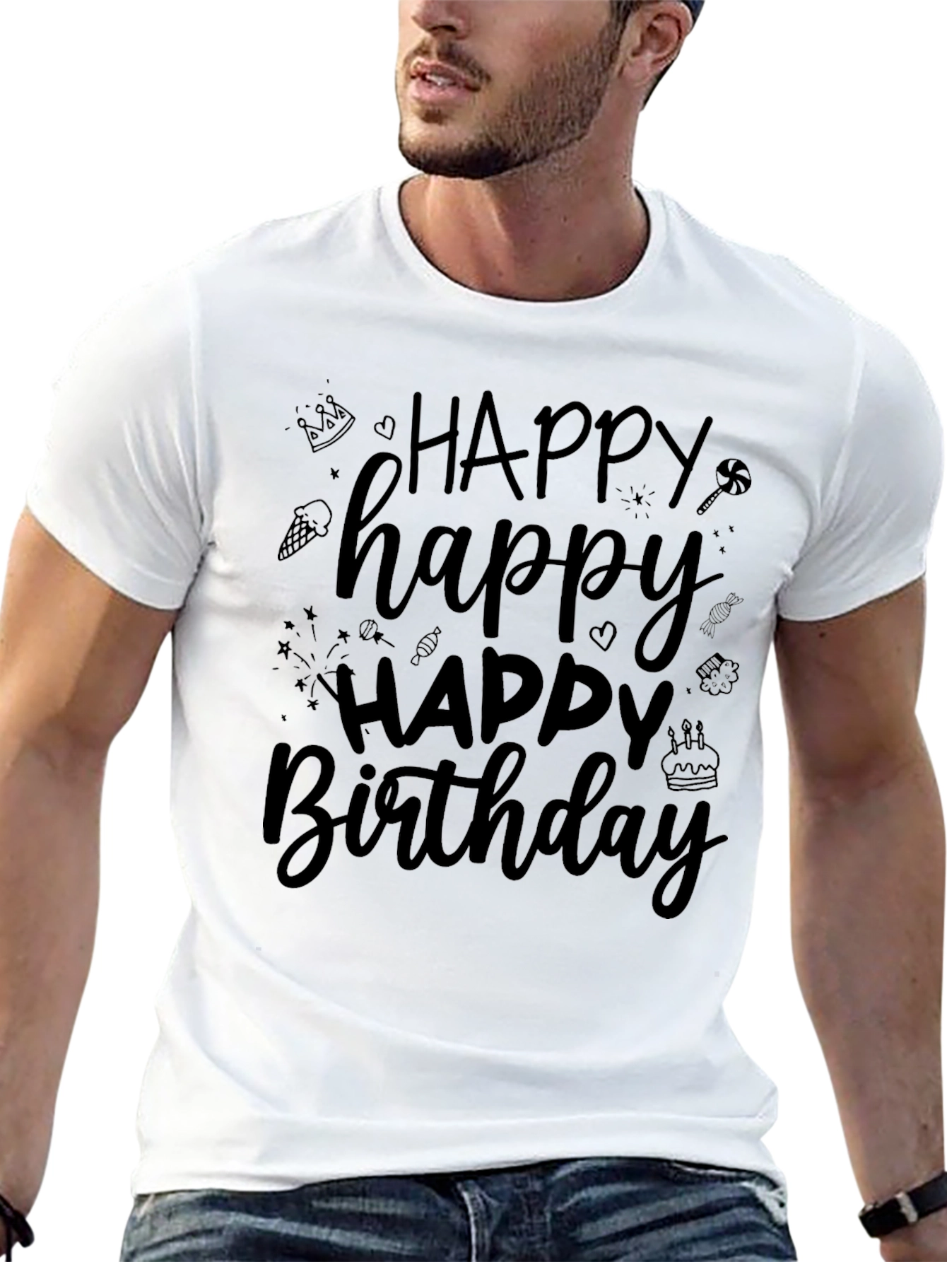 Happy Birthday T-Shirt - Black Crew Neck