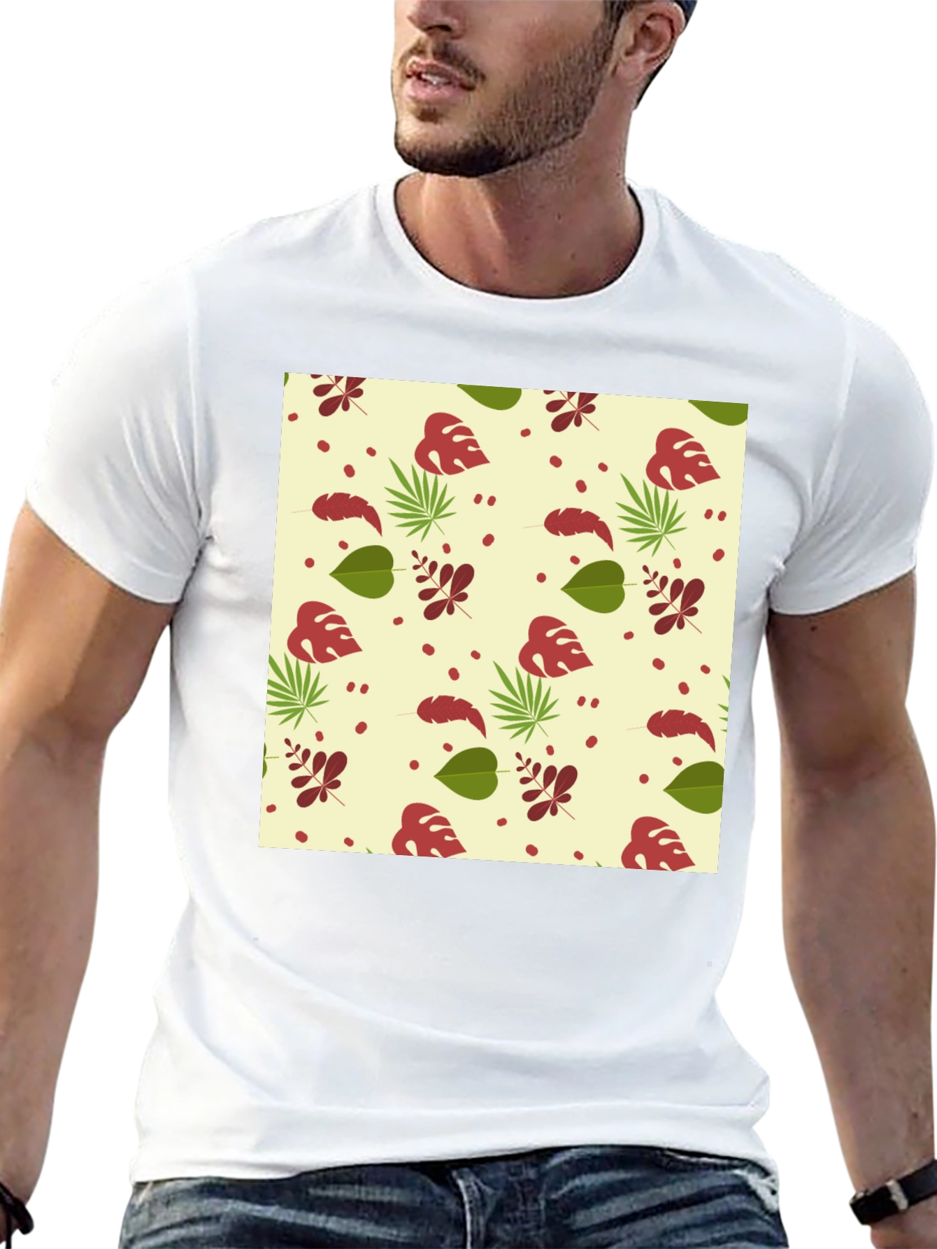 Tropical Leaves Pattern Black T-Shirt