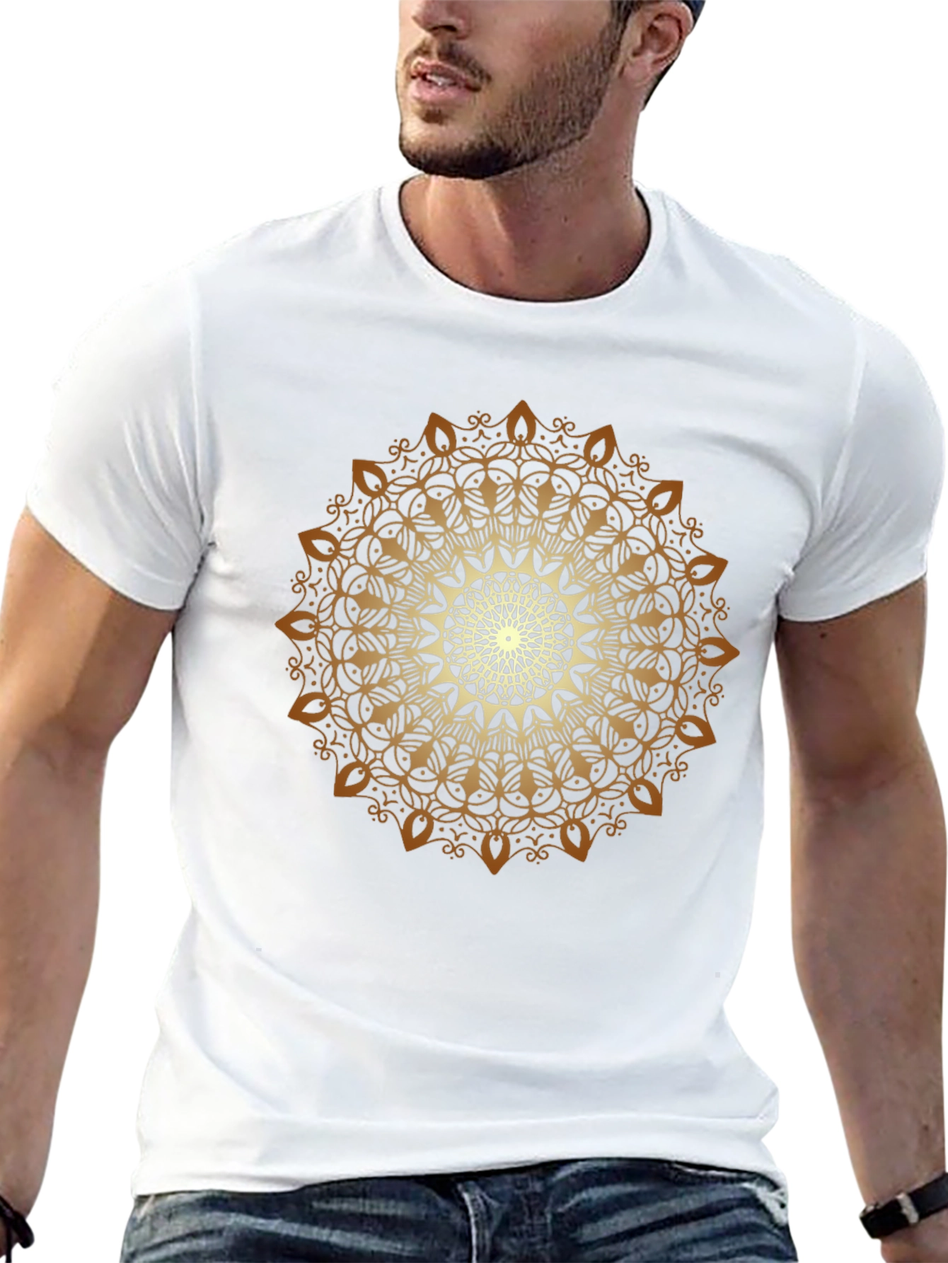 Golden Mandala Print Black T-Shirt