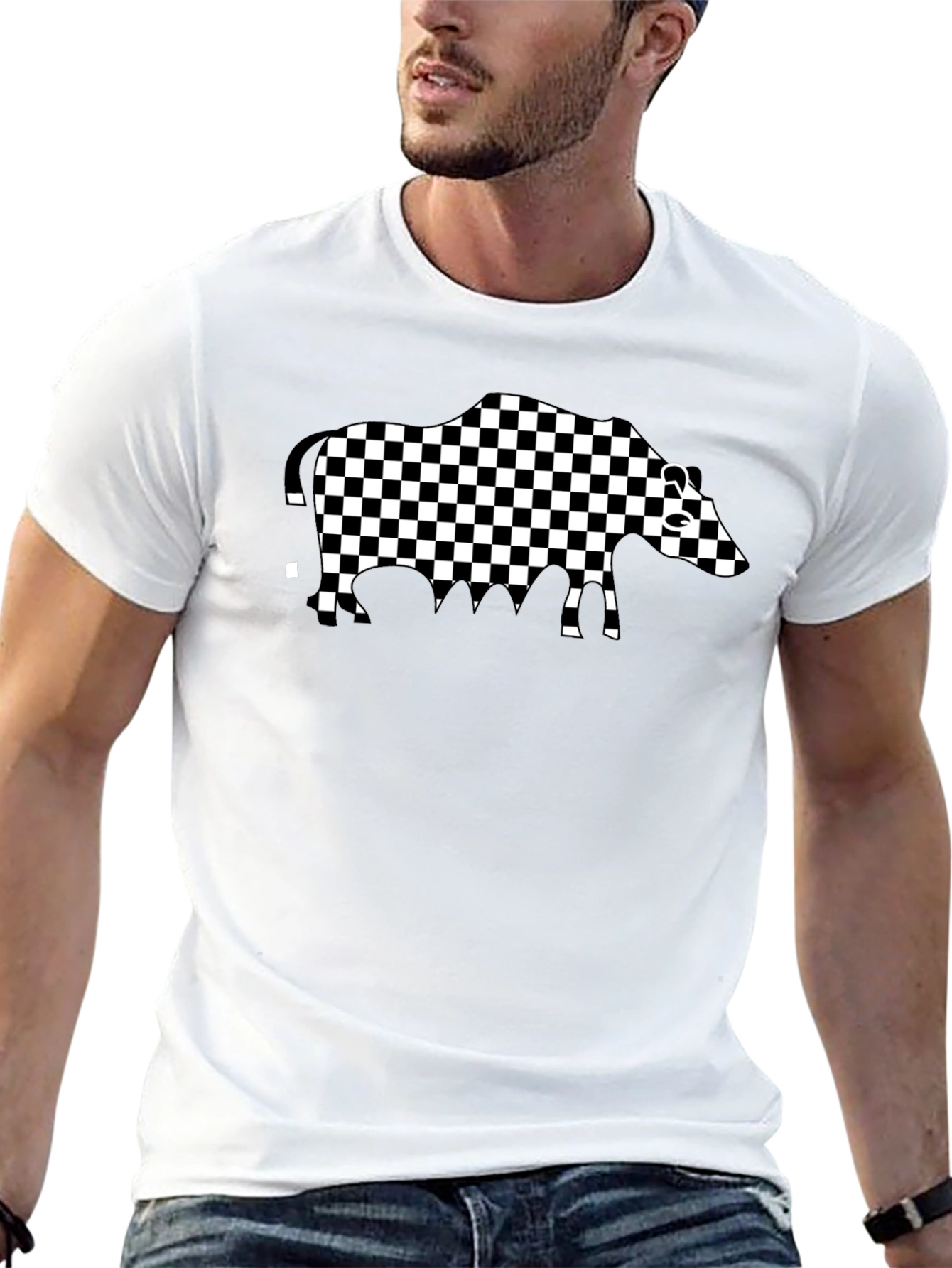 Checkered Boar Graphic Tee - Casual Black T-Shirt