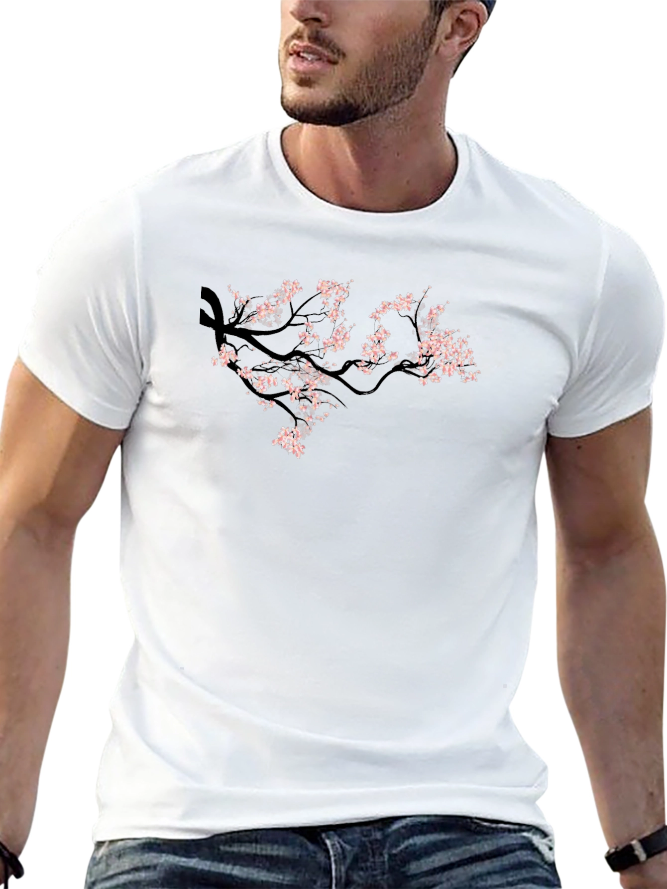 Black Tee with Cherry Blossom Branch Design