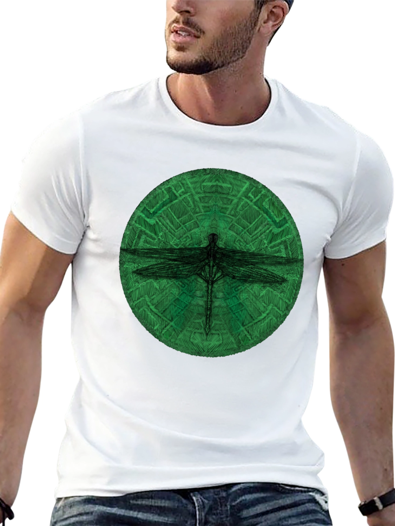 Dragonfly Green Circle Black T-Shirt