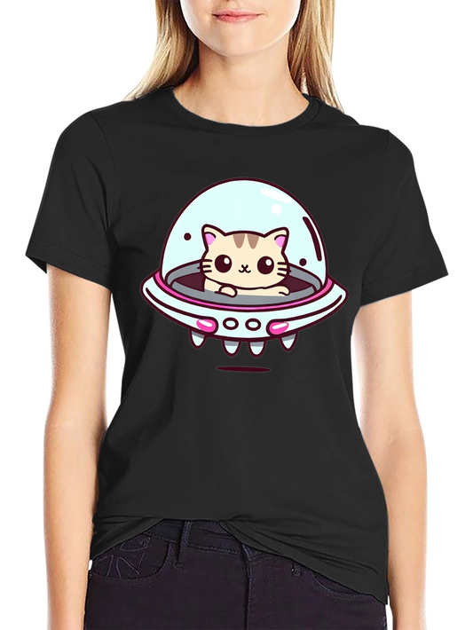 Cute Cat UFO Graphic T-Shirt - Black Cotton Tee