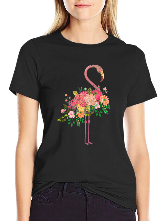 Floral Flamingo Graphic Tee - Black Cotton T-Shirt