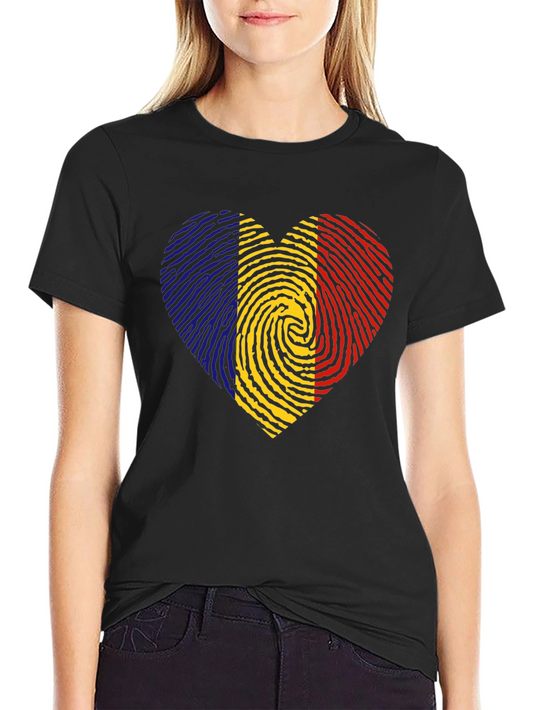 Romania Flag Fingerprint Heart Black T-Shirt