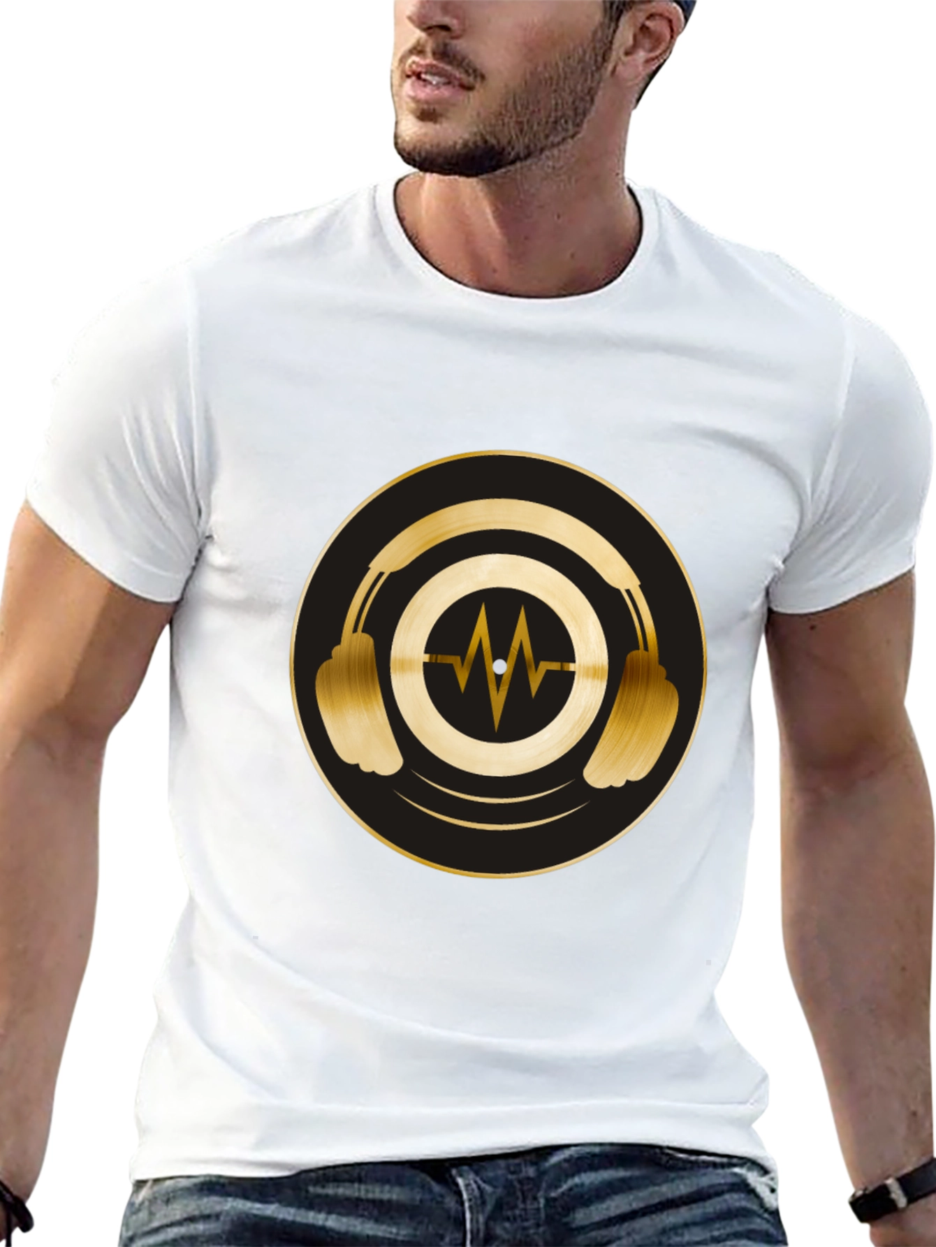 Gold Headphones Graphic Black Tee