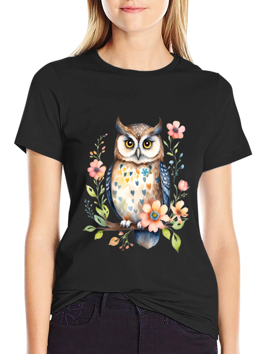 Owl and Floral Black T-Shirt