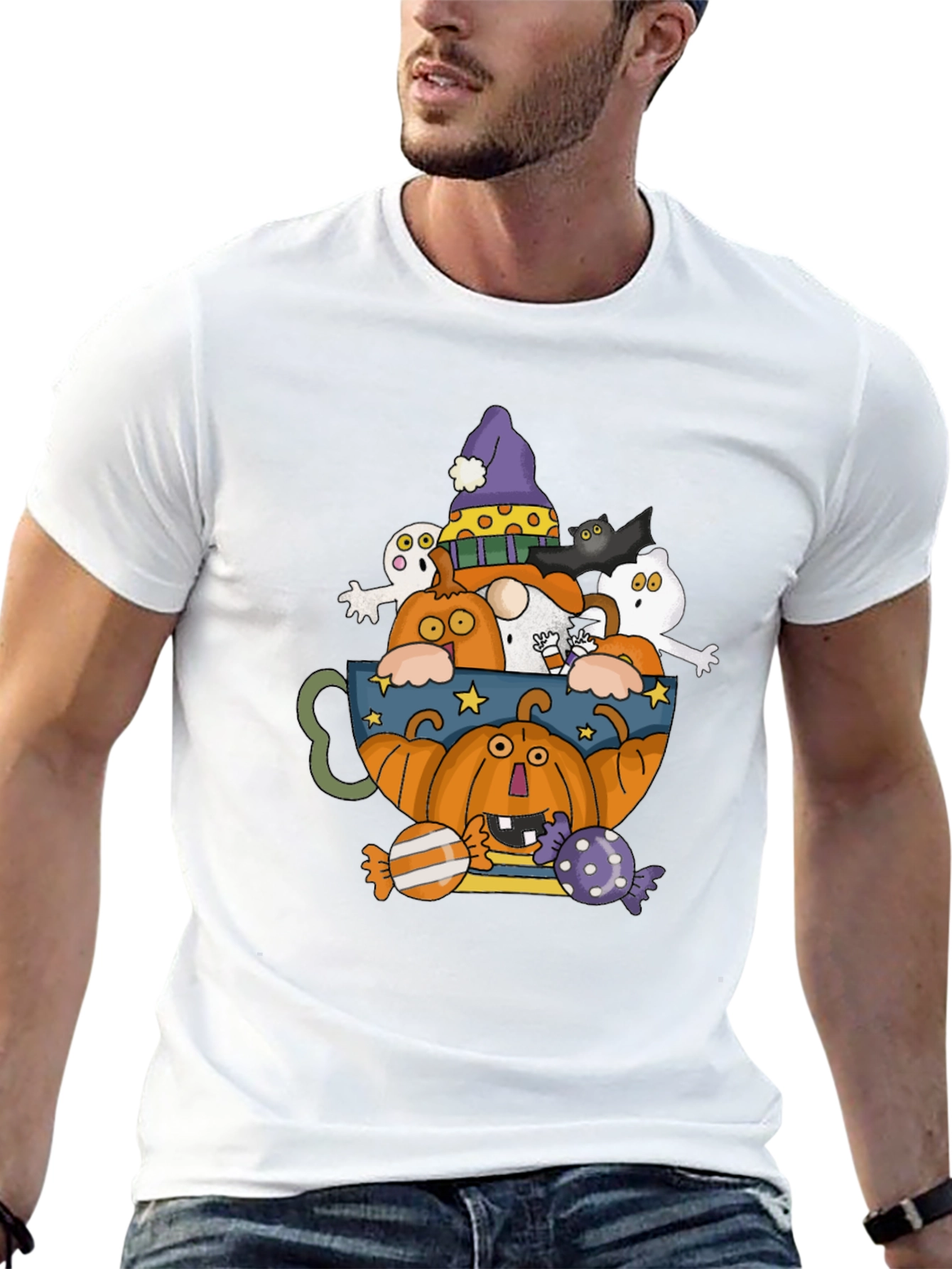 Halloween Pumpkin & Ghost Crewneck T-Shirt