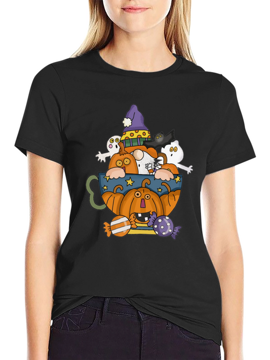 Halloween Pumpkin & Ghost Crewneck T-Shirt