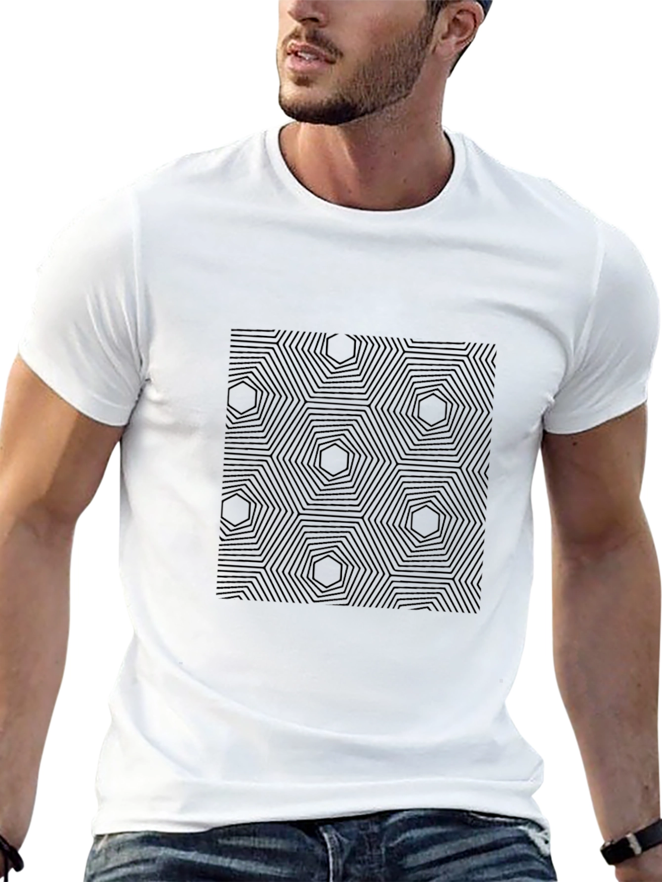 Geometric Hexagon Pattern Black T-Shirt