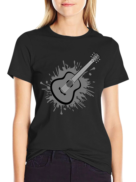 Stylish Guitar Graphic Tee - Black Cotton Blend