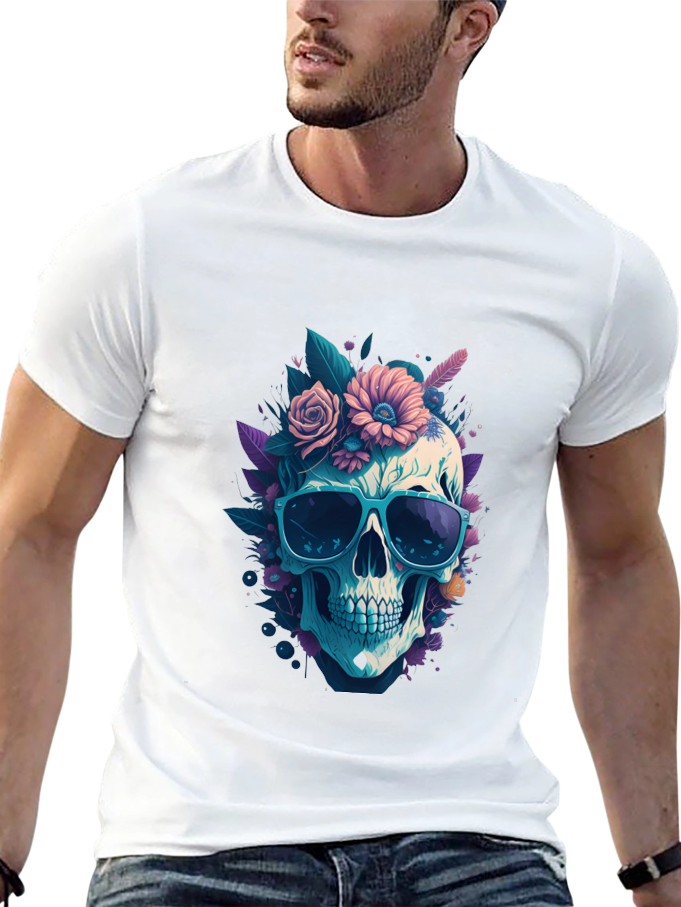 Skull & Flowers Graphic Tee - Black Crew Neck