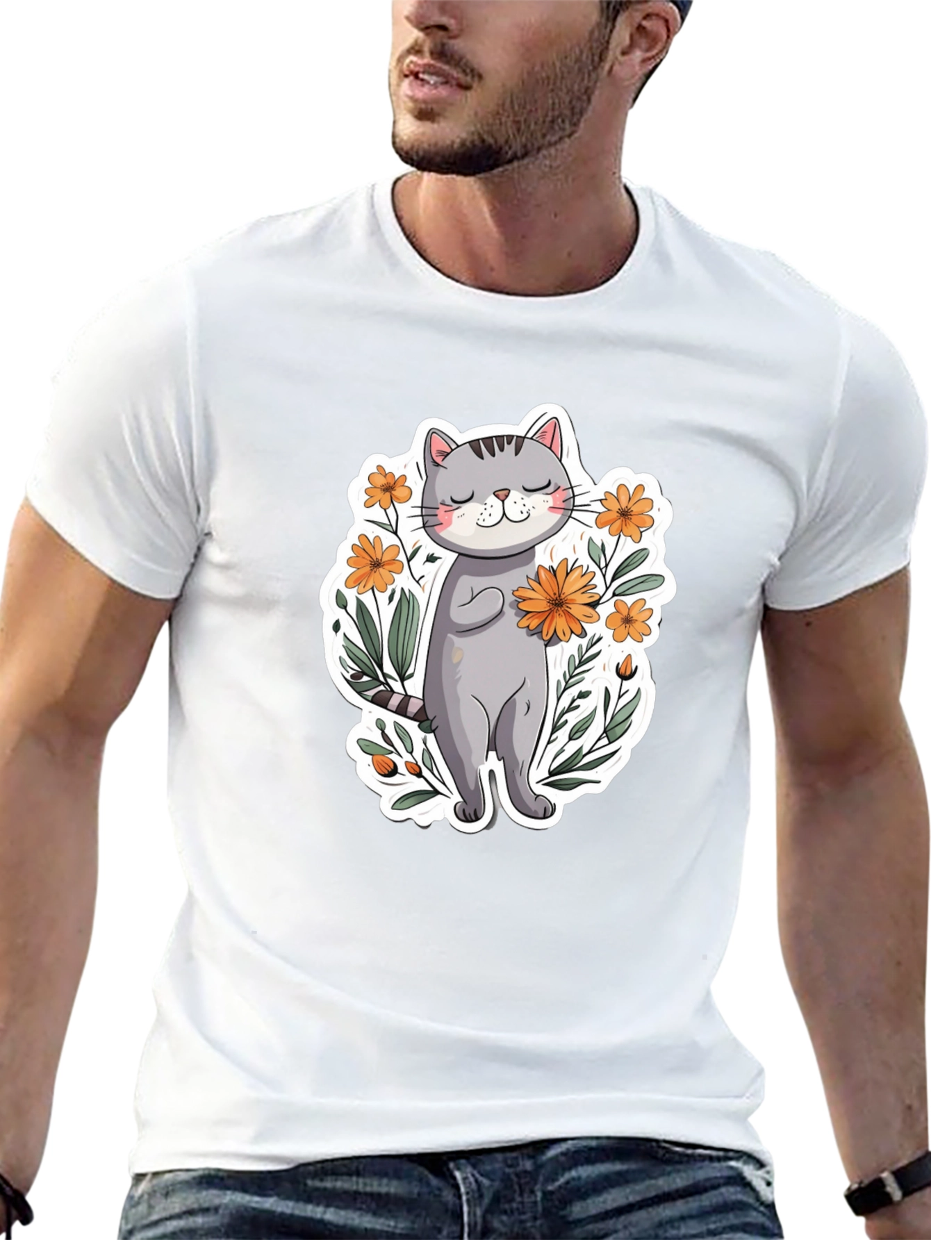 Cute Cat with Flowers Graphic T-Shirt