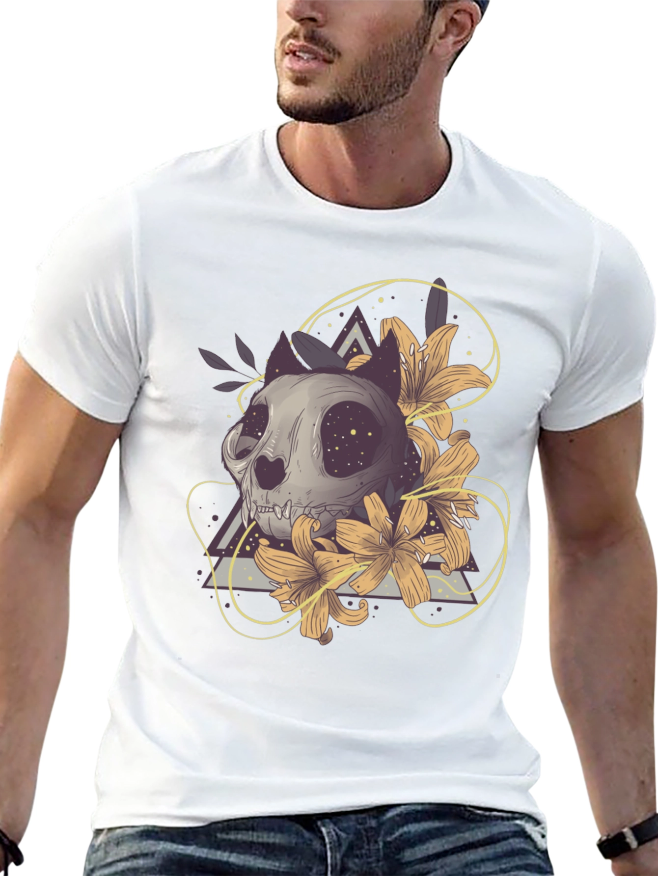Cat Skull & Lilies Graphic T-Shirt - Unique Design