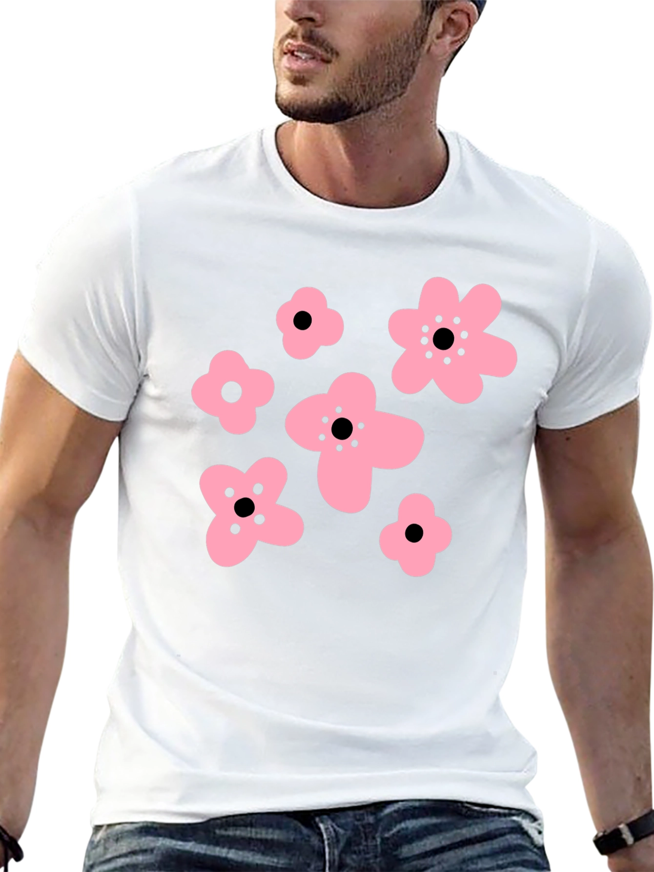 Pink Floral Graphic Black T-Shirt