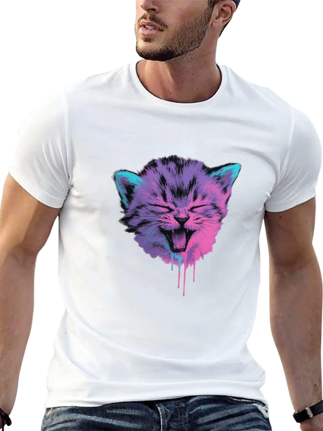Vaporwave Cat Graphic Tee - Black Cotton Blend