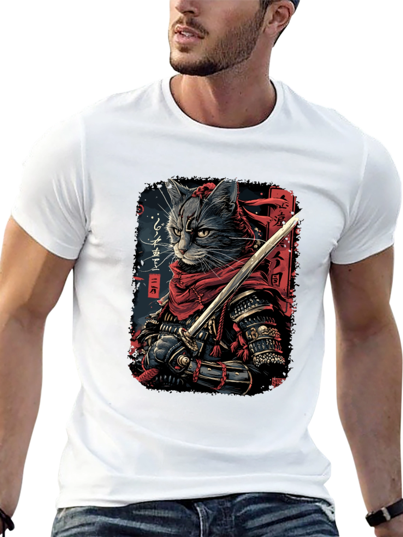 Samurai Cat Graphic Tee - Black