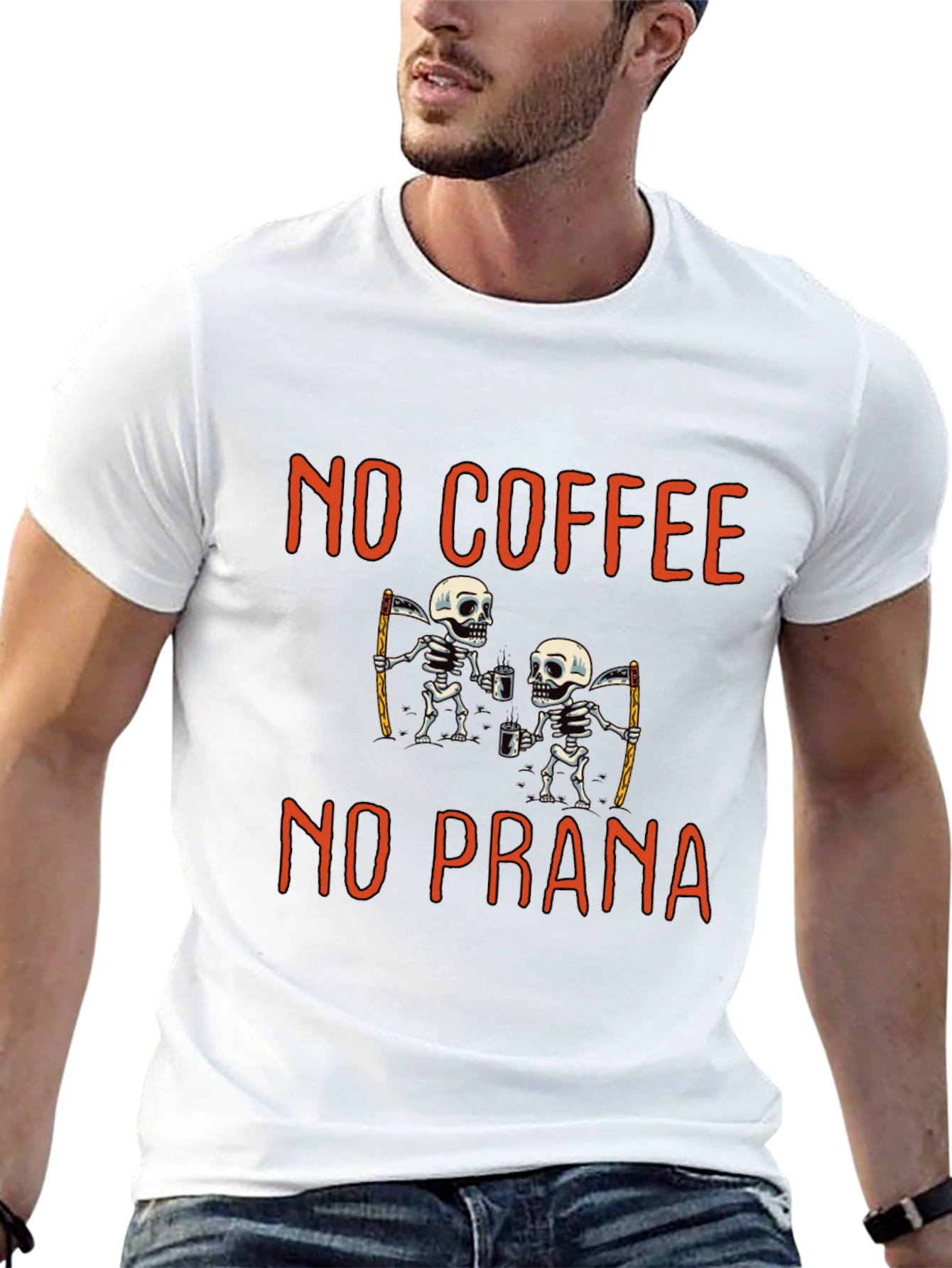 No Coffee No Prana T-Shirt: Funny Skeleton Grim Reapers