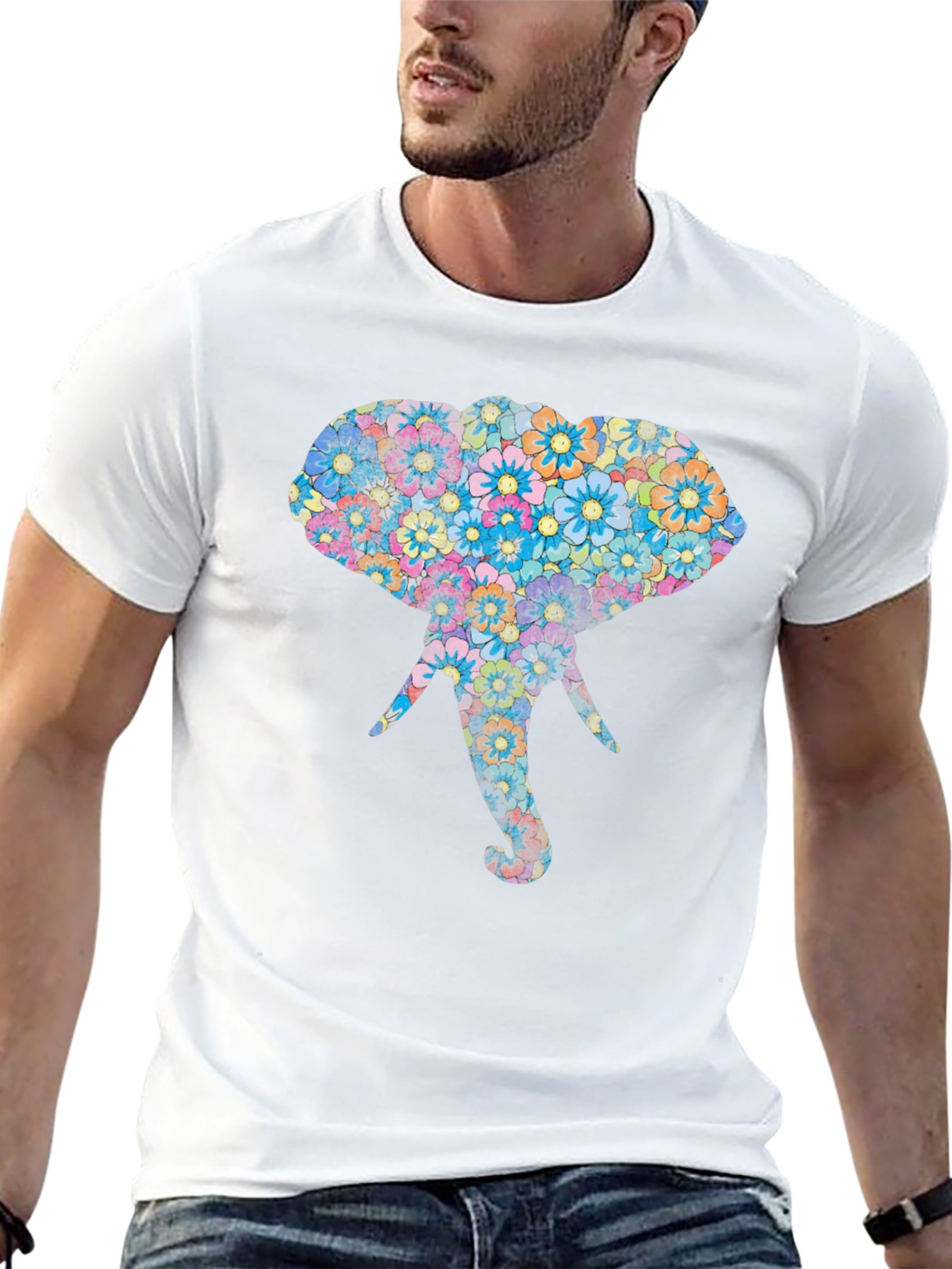 Floral Elephant Graphic Print Black T-Shirt