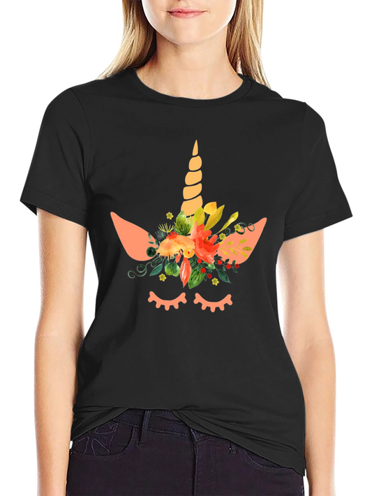 Unicorn Floral Graphic Tee - Black Cotton Blend