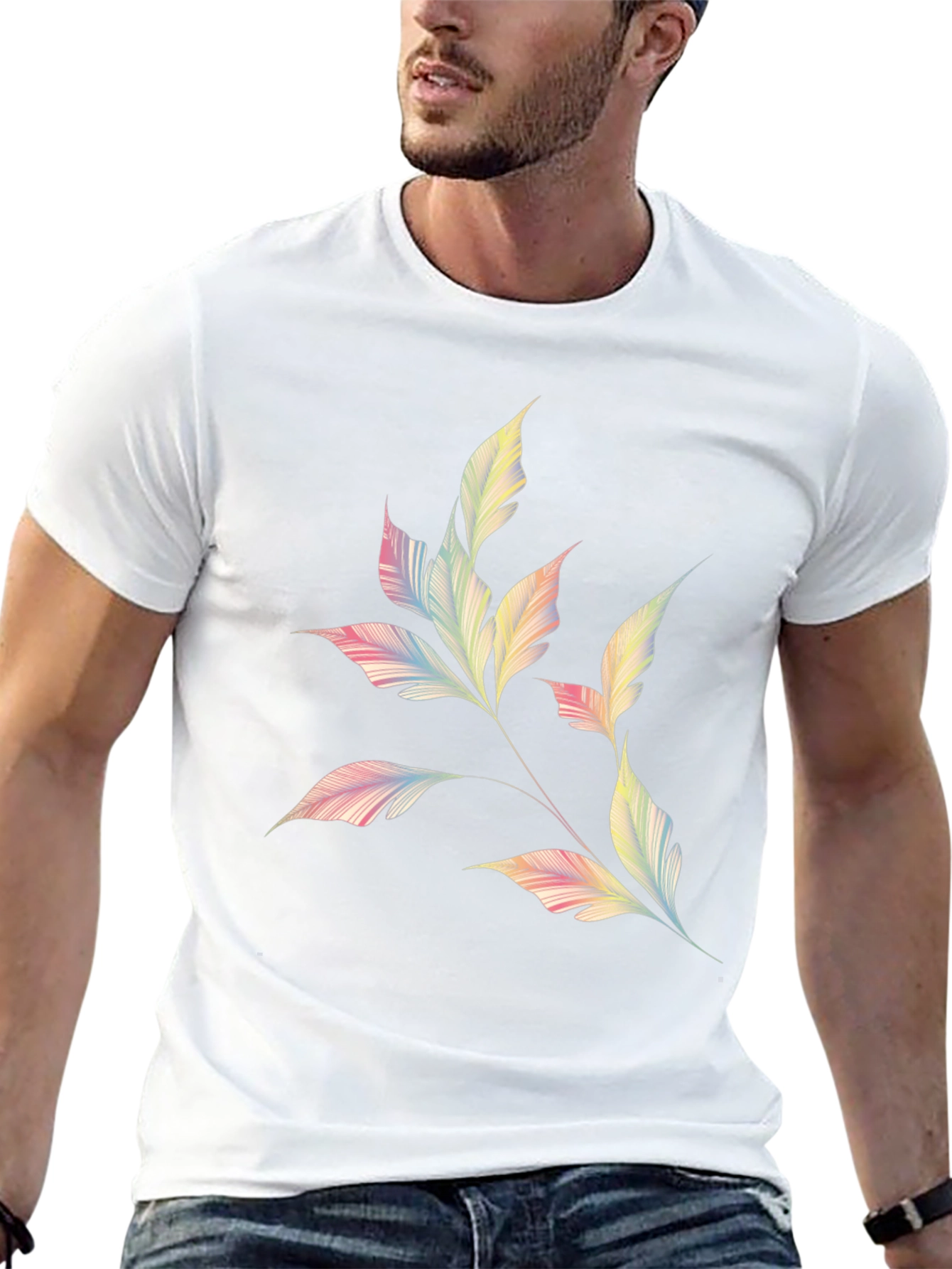 Mens Black T-Shirt with Pastel Leaf Design