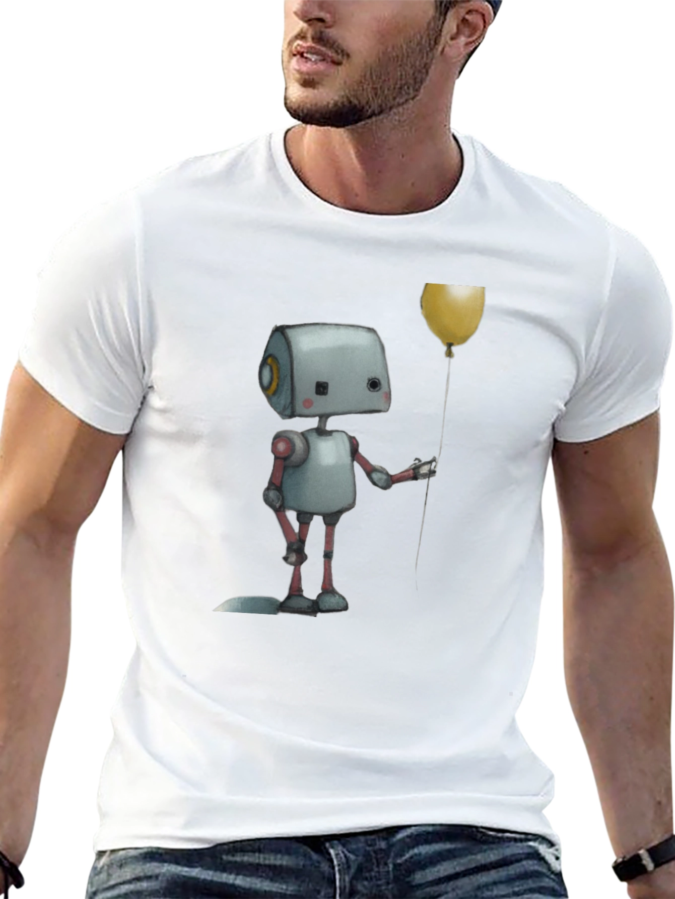 Robot Holding Balloon Black T-Shirt