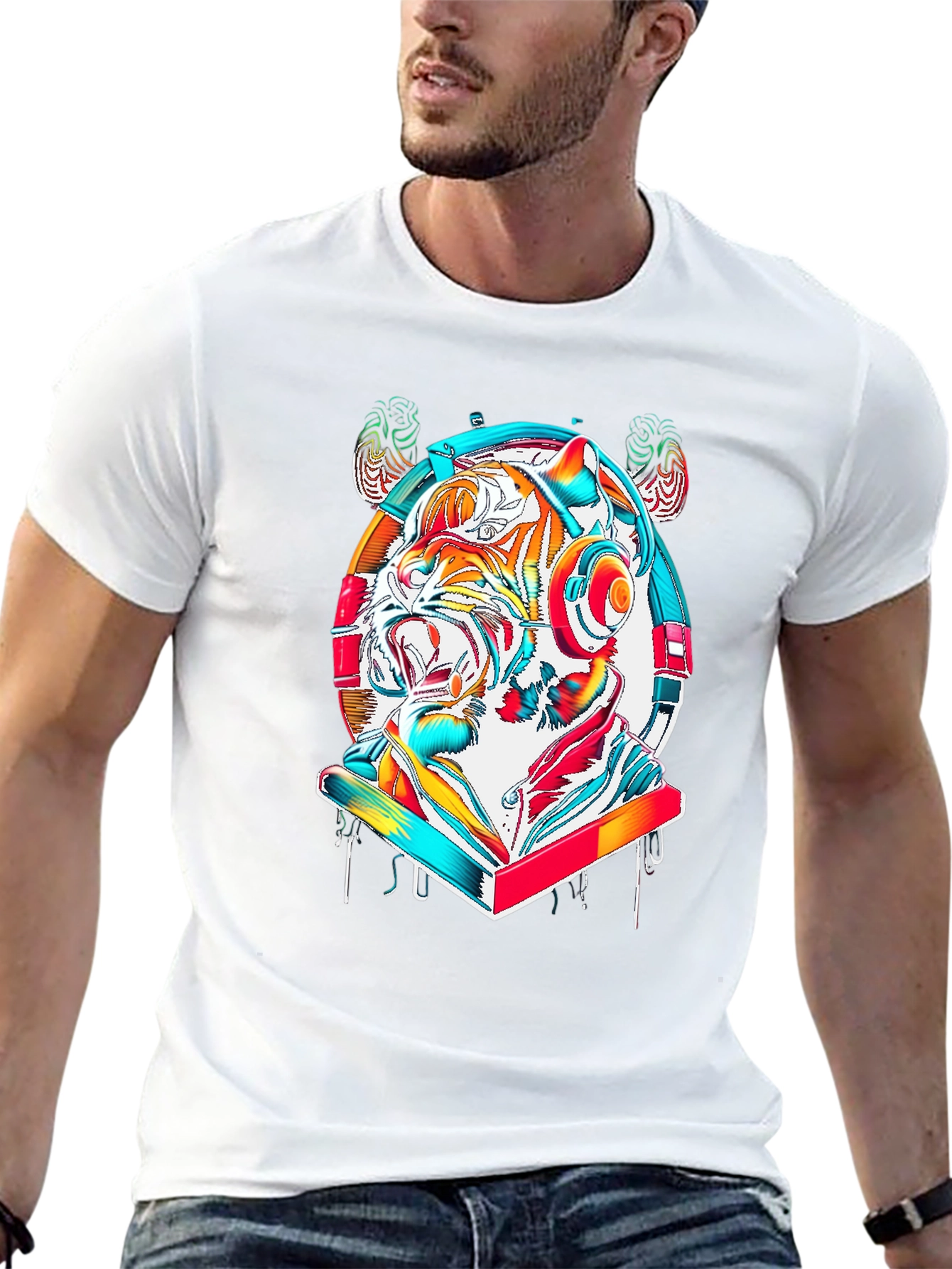 Vibrant Tiger DJ Graphic Tee - Stylish Cotton Blend