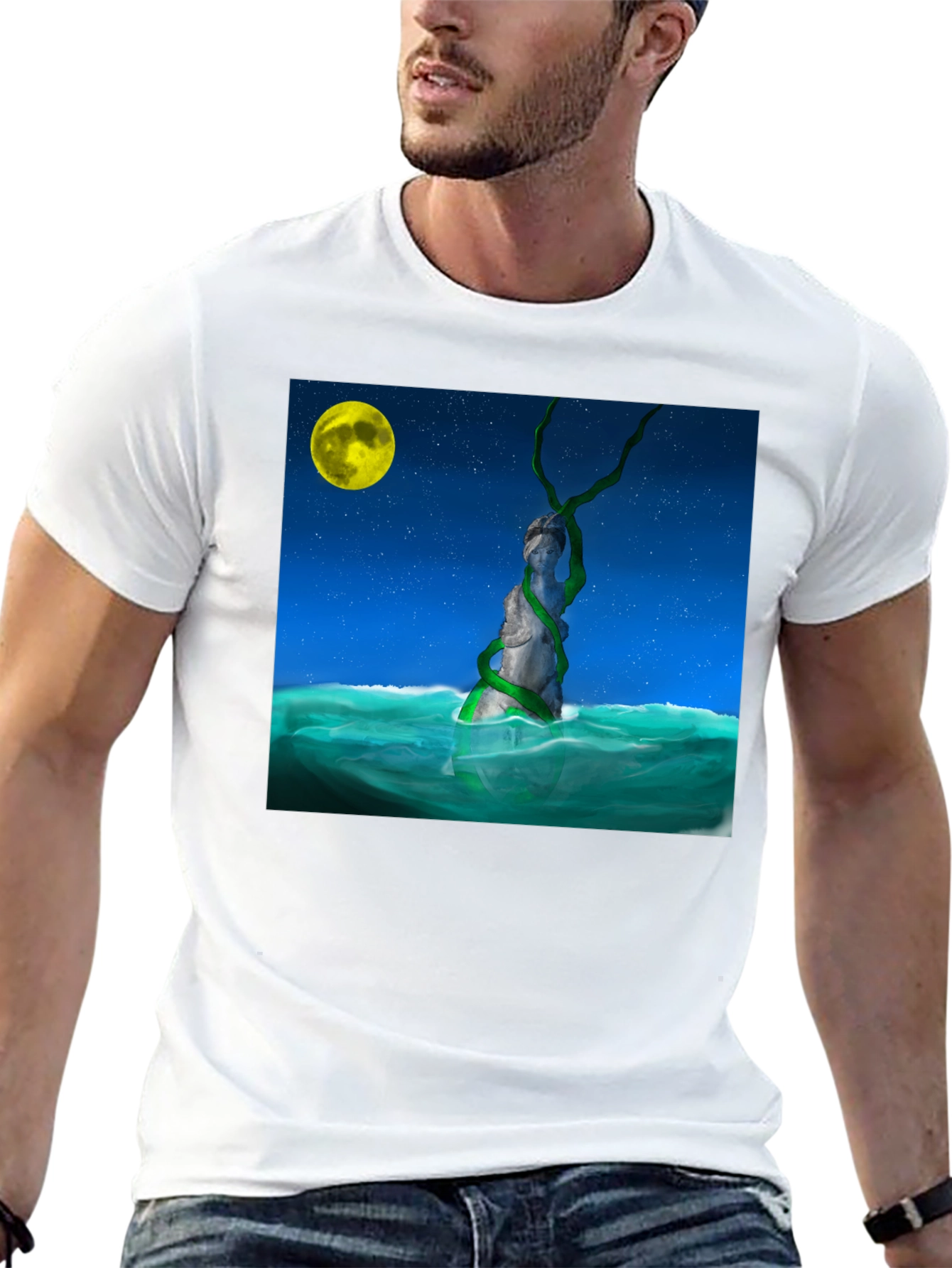 Moonlit Statue Tee - Unique Graphic Design T-Shirt
