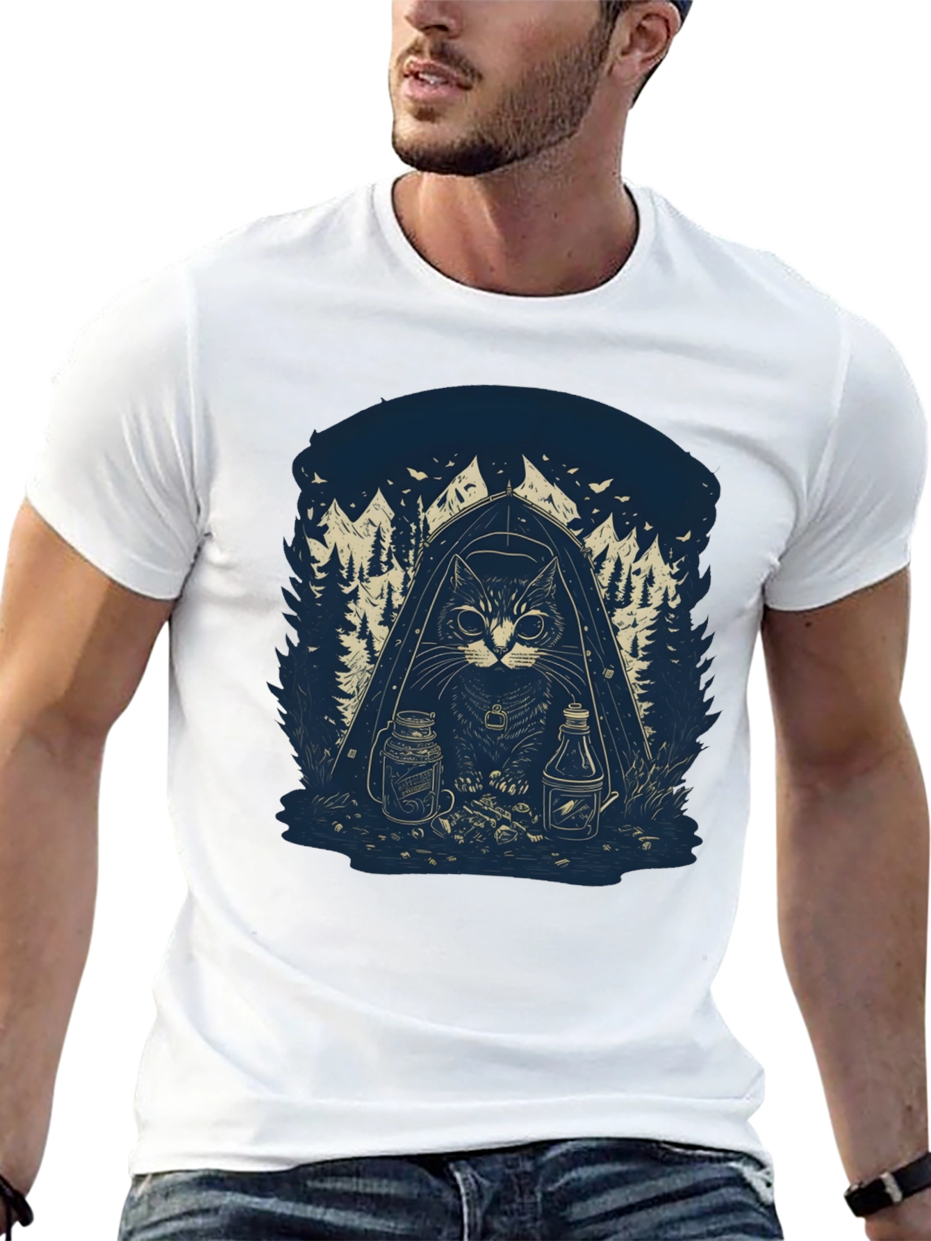 Camping Cat Graphic T-Shirt - Black