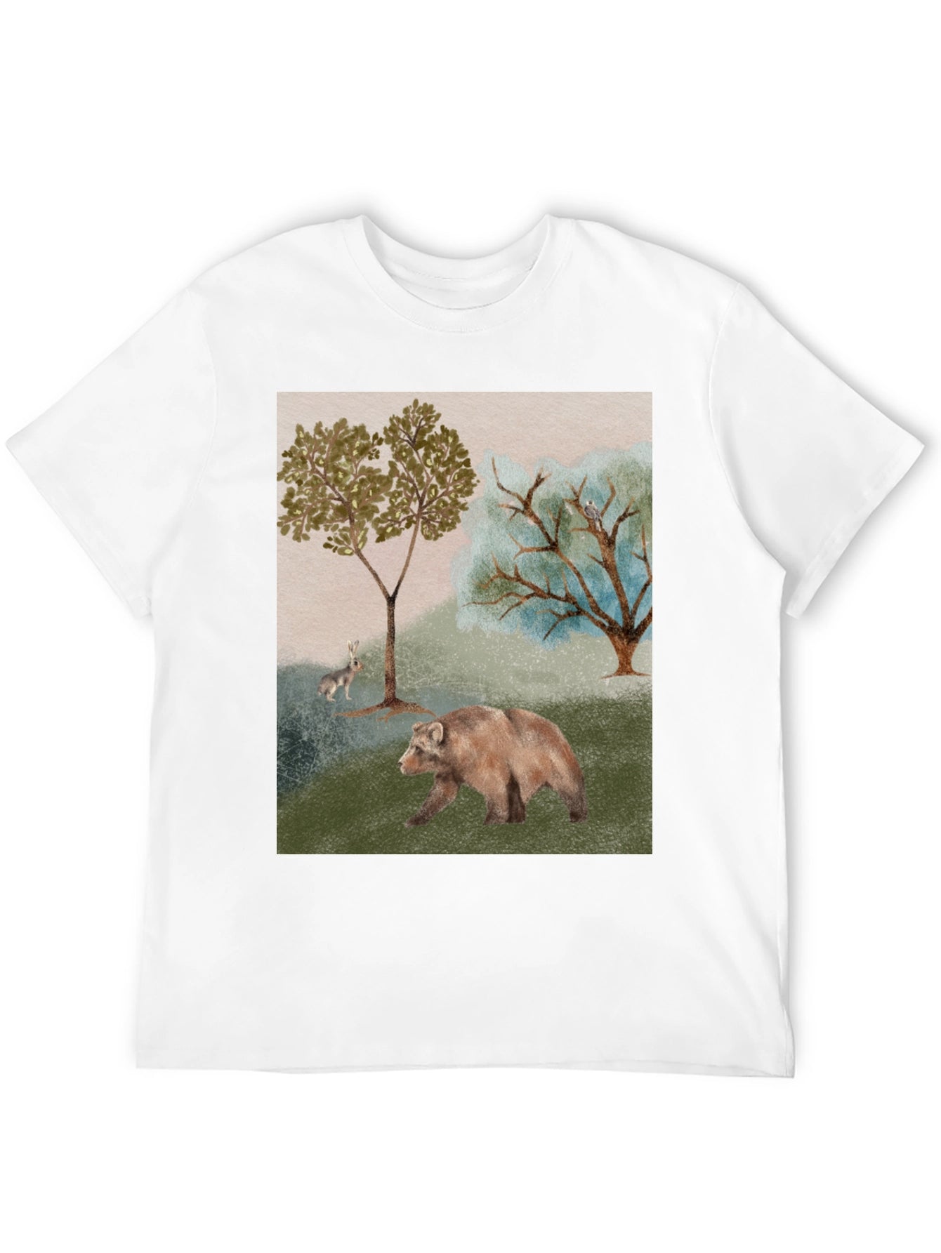 Nature Scene Black T-Shirt - Bear Rabbit and Trees