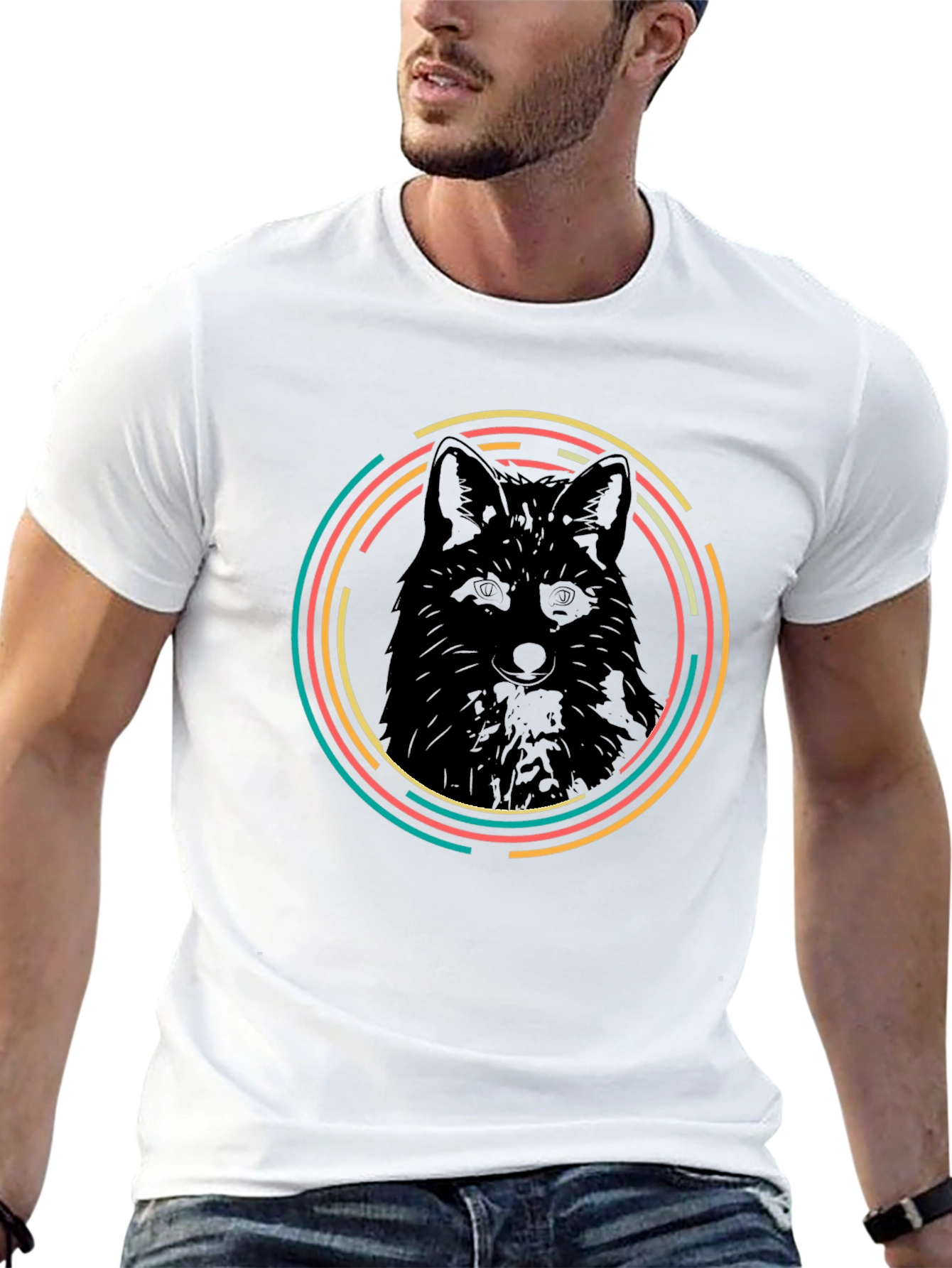 Black Fox Graphic Tee - Retro Animal Circle Design