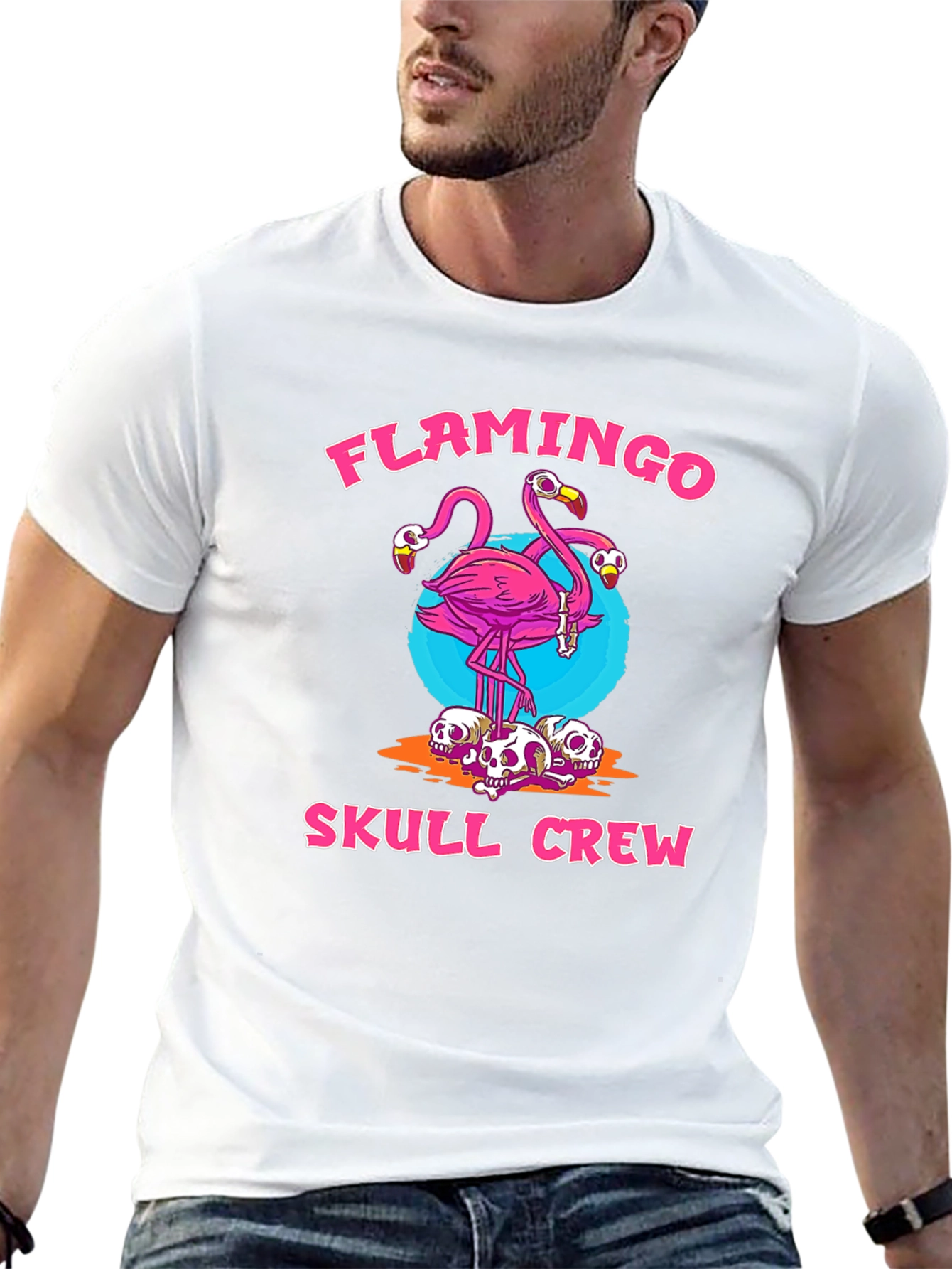 Flamingo Skull Crew Graphic Tee - Trendy & Unique