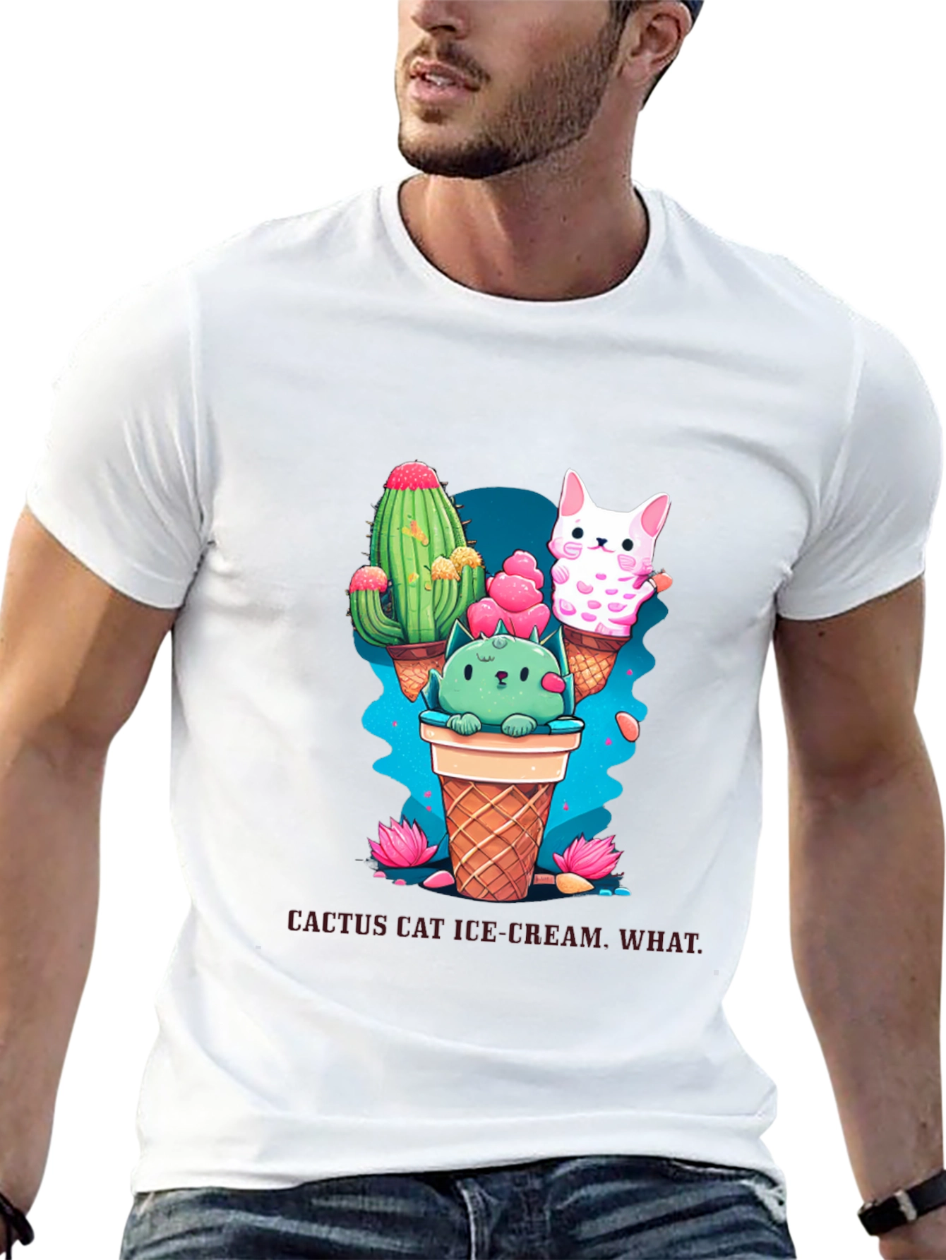 Cactus Cat Ice Cream Black T-Shirt
