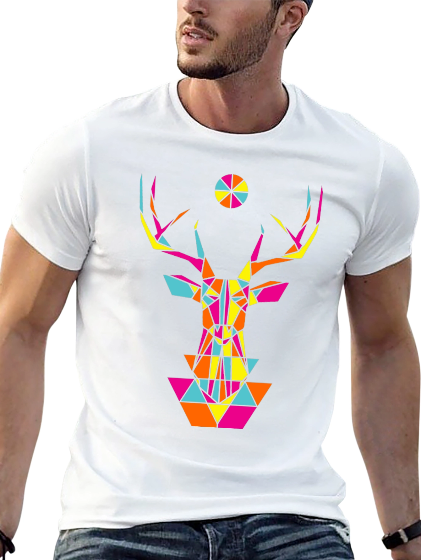 Geometric Deer Head Graphic Black T-Shirt